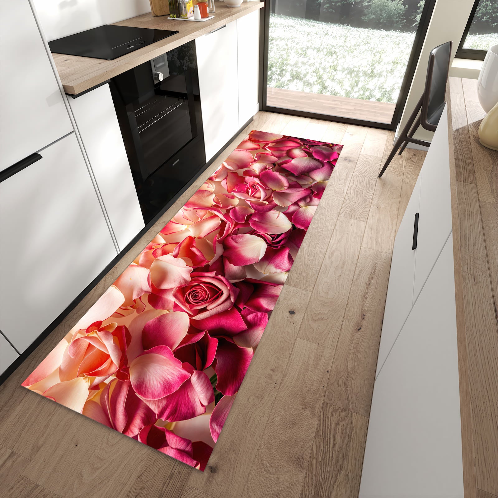 Abriebfester moderner Küchenläufer mit Motiv Rosenblätterbuntes Spiel in moderner Küche