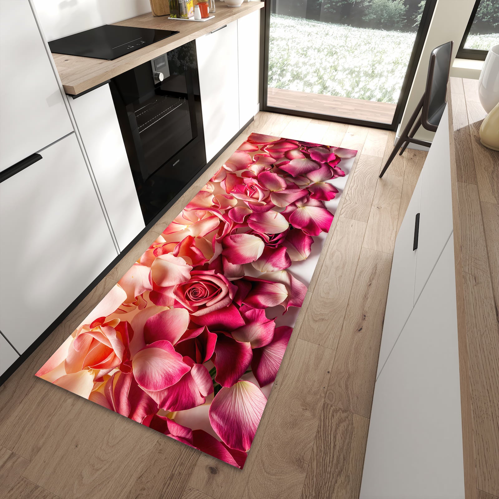 Fleckenresistenter Küchenteppich mit Motiv Rosenblätterbuntes Spiel in moderner Küche