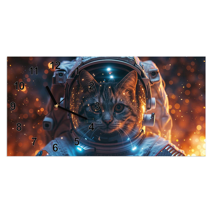 Wanduhr Katze im Raumanzug aus Glas – Querformat 60 × 30 cm mit Ziffernblatt Modern