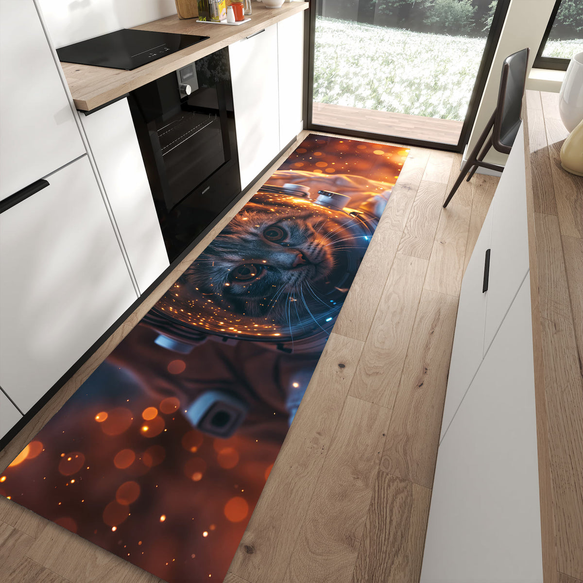 Langlebiger Küchenläufer mit Motiv Katze im Raumanzug in moderner Küche