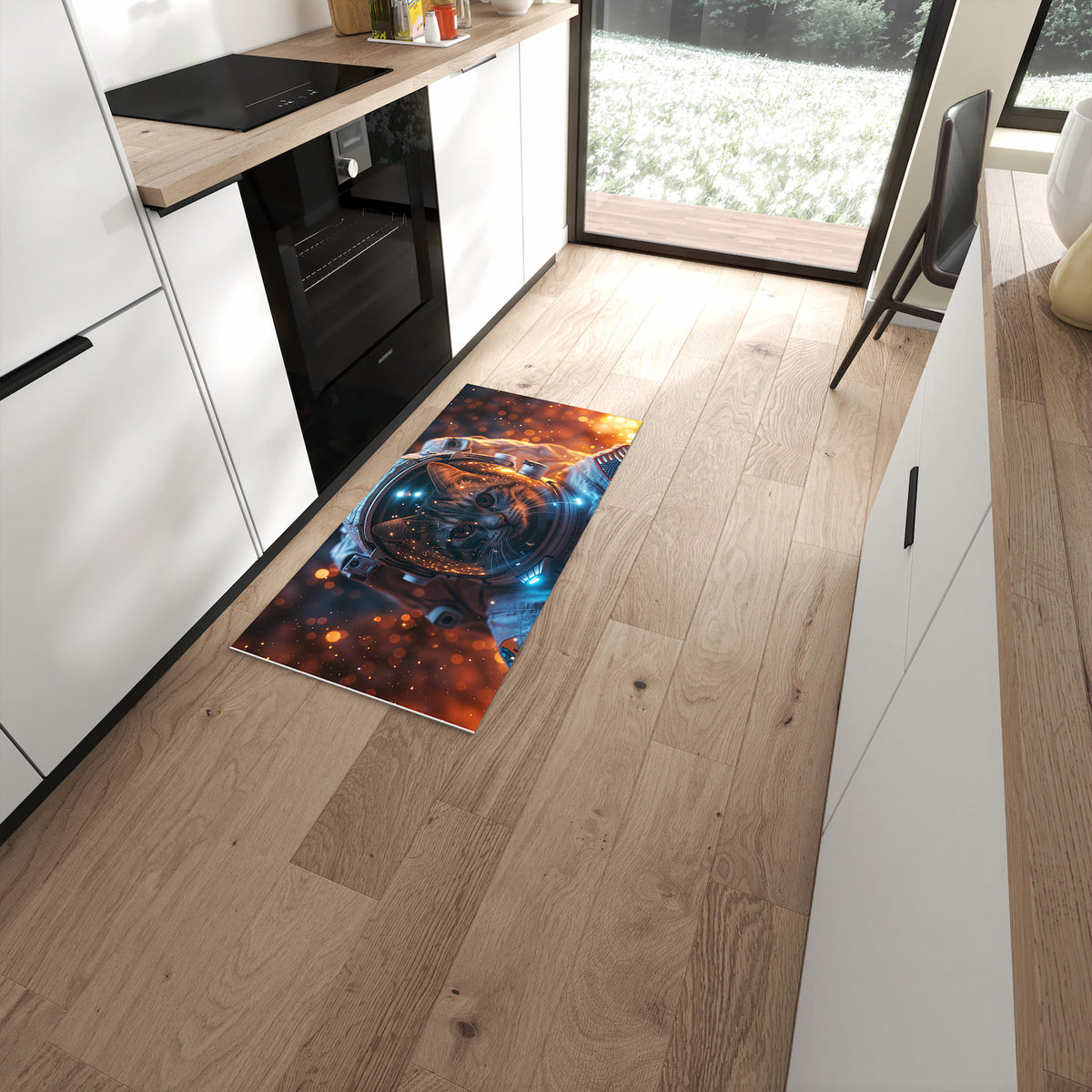 Langlebiger Küchenteppich mit Motiv Katze im Raumanzug in moderner Küche #grösse_60 x 120 cm