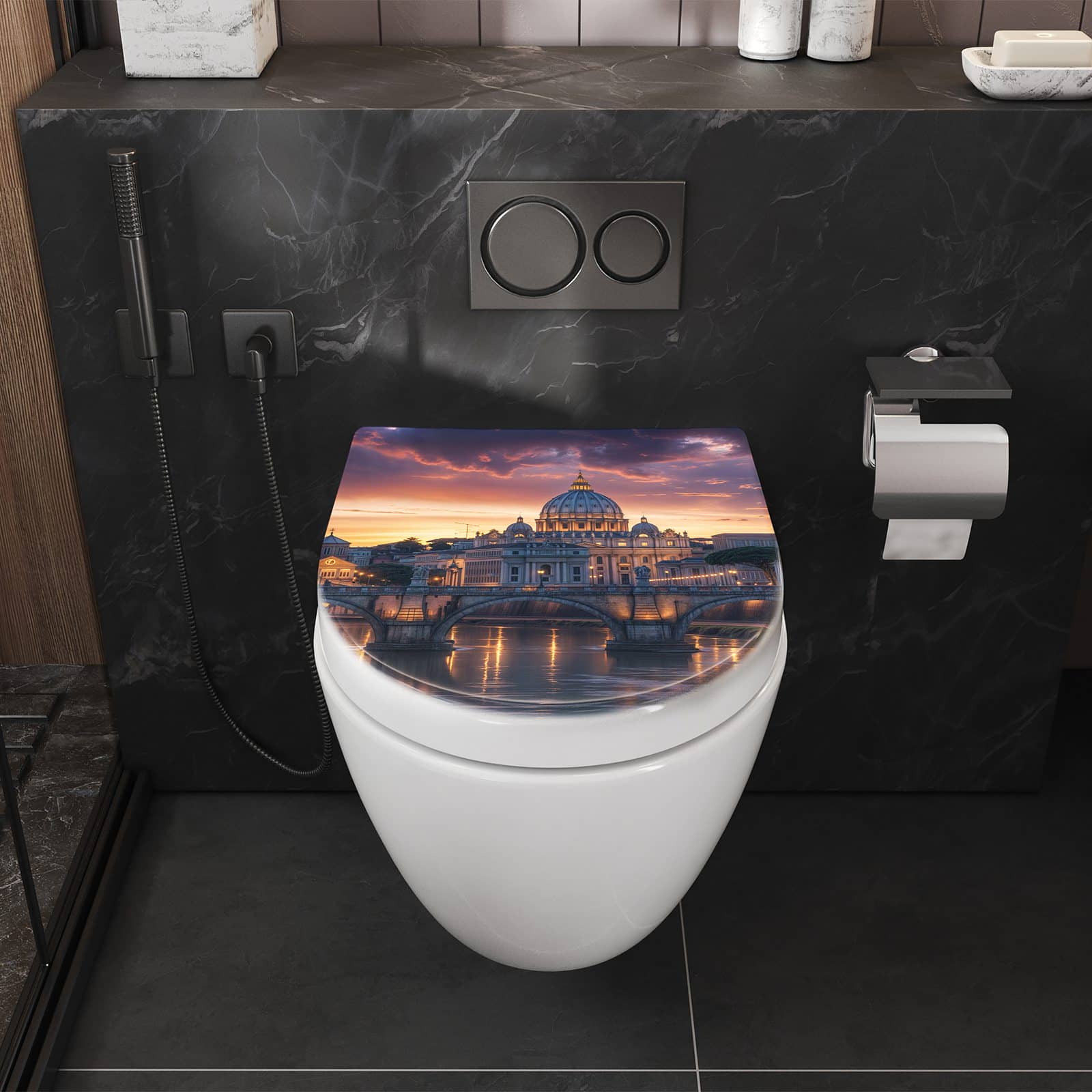 WC-Sitz mit Absenkautomatik Abend in der Stadt