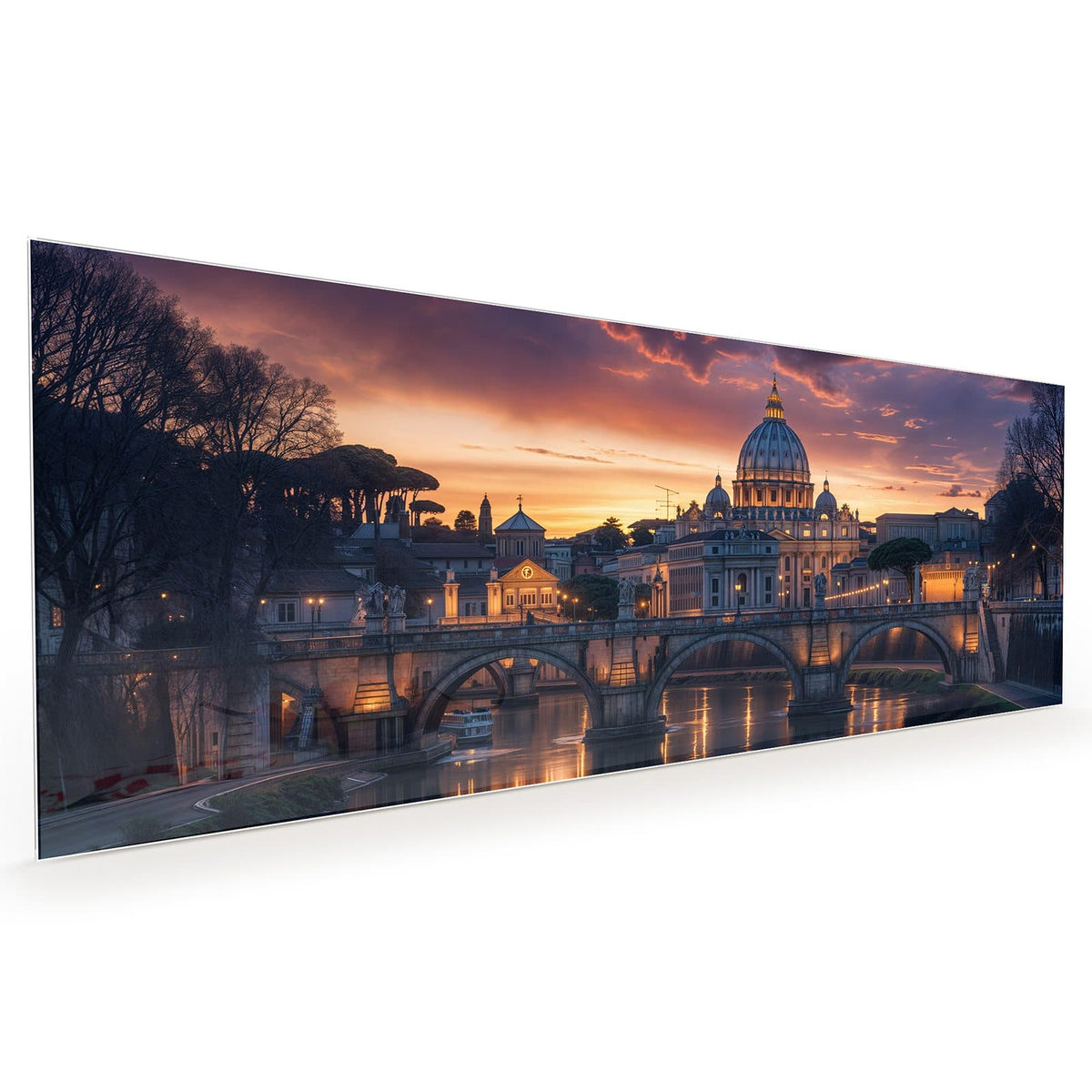 Küchenrückwand aus Glas im Hochformat mit Motiv Rom im Abendlicht: Rom im Sonnenuntergang: Kuppel des Petersdoms, Tiberbrücke mit Bögen, violett-orange Wolken