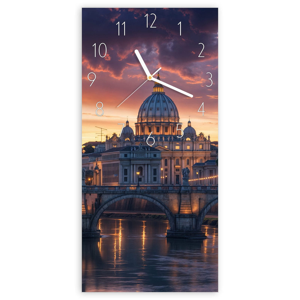 Wanduhr aus Glas, Ziffernblatt Elegant mit Motiv Rom im Abendlicht: Rom im Sonnenuntergang: Kuppel des Petersdoms, Tiberbrücke mit Bögen, violett-orange Wolken #ziffernblatt_Elegant
