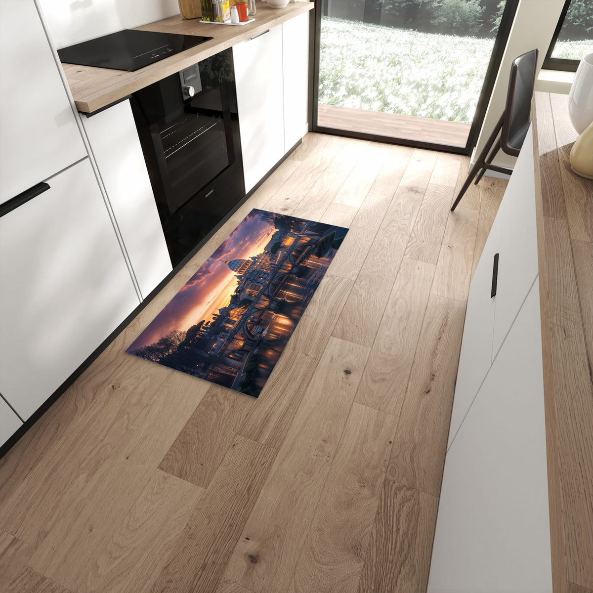 Bodenschonender waschbarer Küchenläufer mit Motiv Abend in der Stadt in moderner Küche #grösse_60 x 120 cm