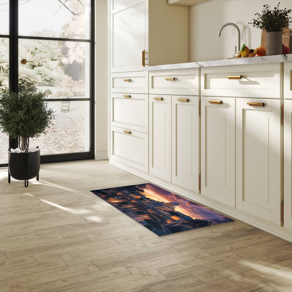 Langlebiger Küchenläufer mit Motiv Abend in der Stadt in heller Küche