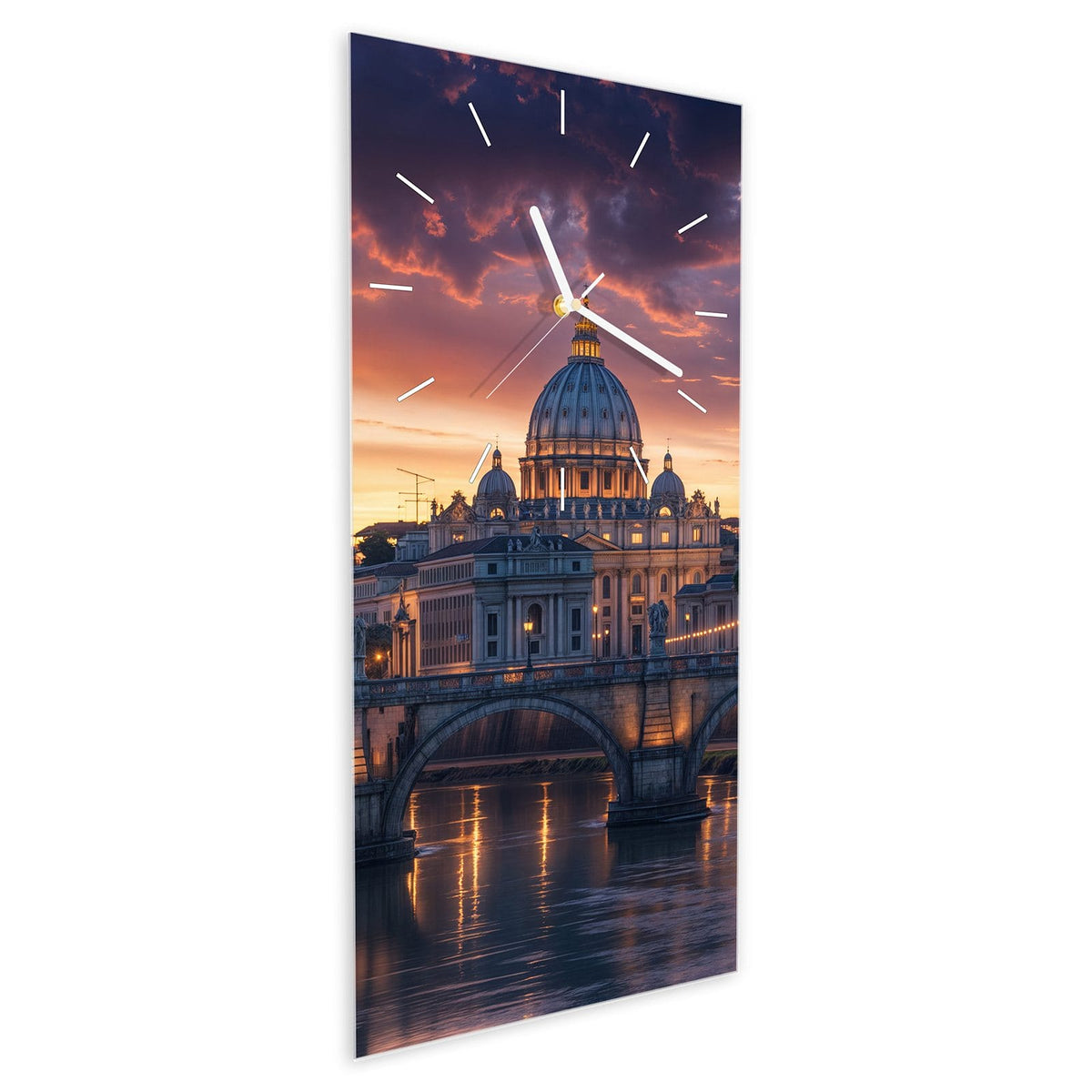 Wanduhr aus Glas im Hochformat Rom im Abendlicht schräg von der Seite, 4 mm starkes Glas