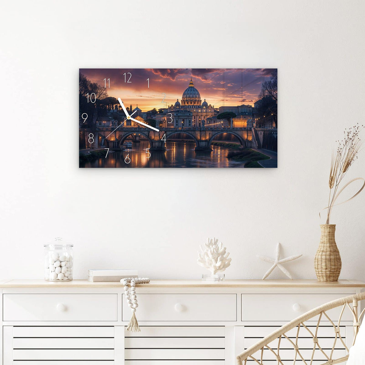 Wanduhr Abend in der Stadt aus Glas – Querformat 60 × 30 cm – Kuppel und Brücke im Abendrot