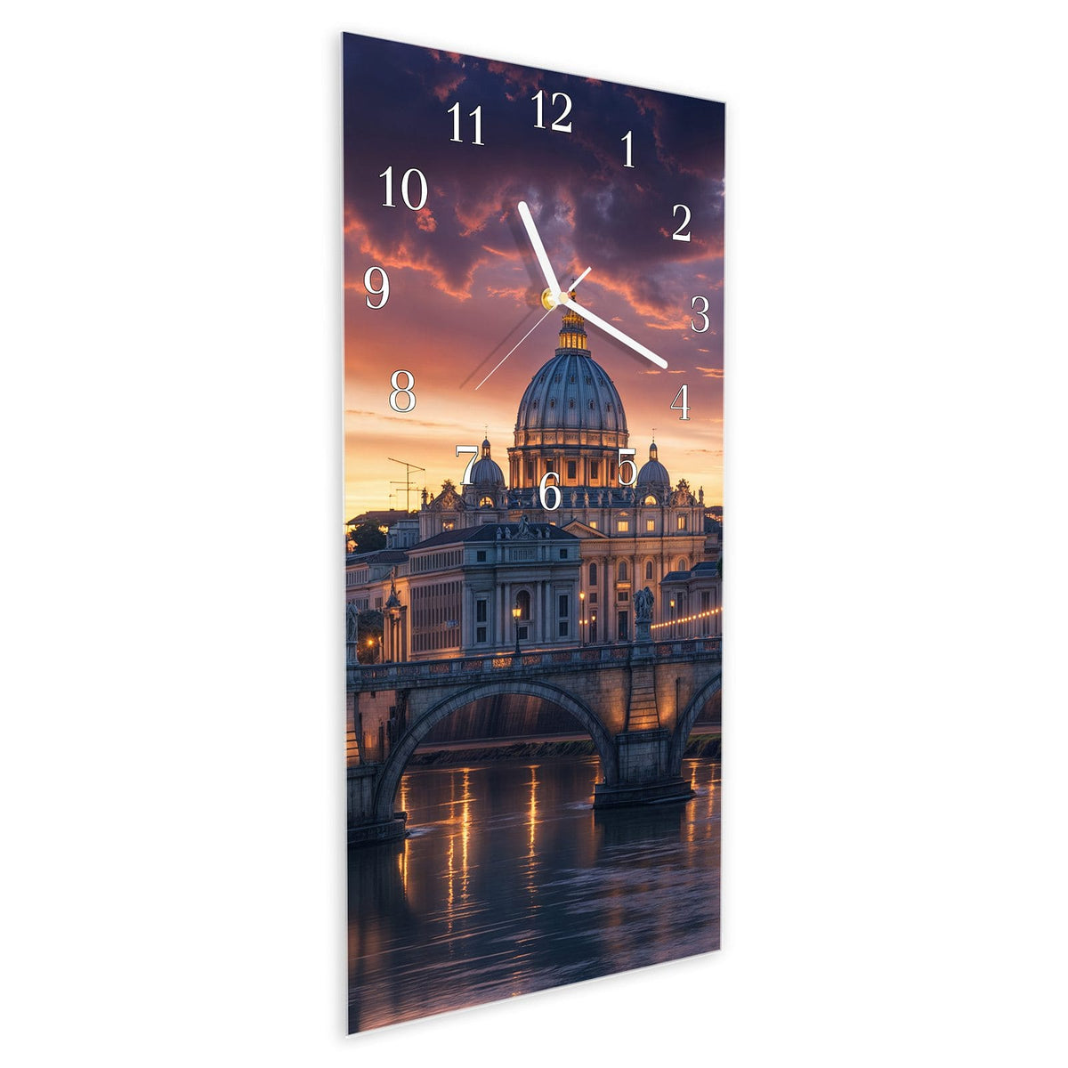 Wanduhr aus Glas im Hochformat Rom im Abendlicht schräg von der Seite, 4 mm starkes Glas