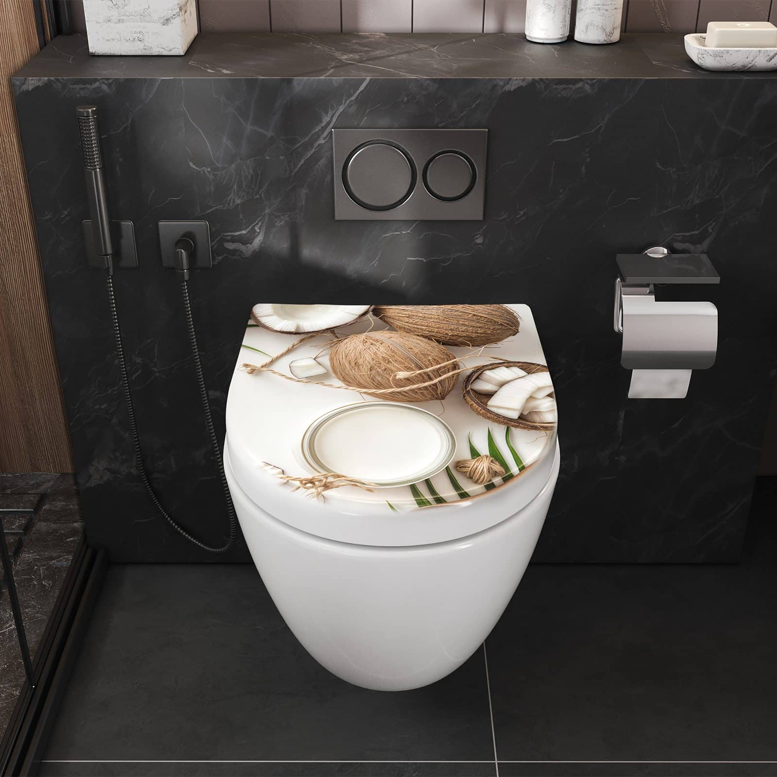 WC-Sitz mit Absenkautomatik Kokosnüsse und Blätter