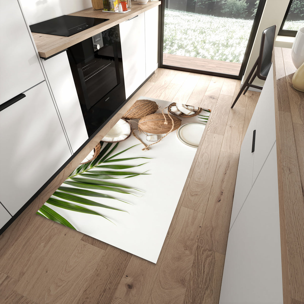 Bodenschonender Küchenteppich mit Motiv Kokosnüsse und Blätter in moderner Küche