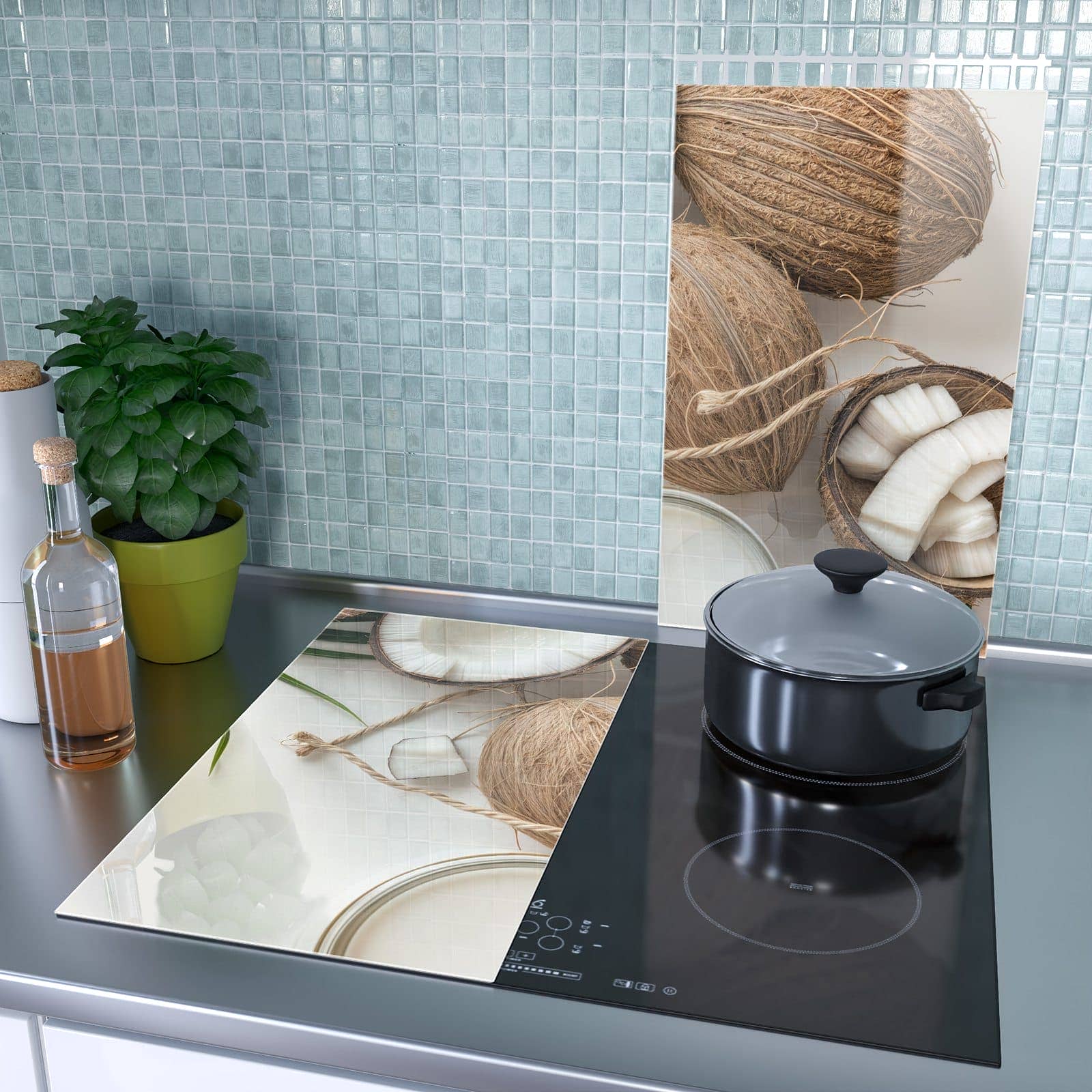 2-teilige Abdeckplatten mit Kokosnüsse und Blätter-Motiv als Spritzschutz hinter dem Kochfeld