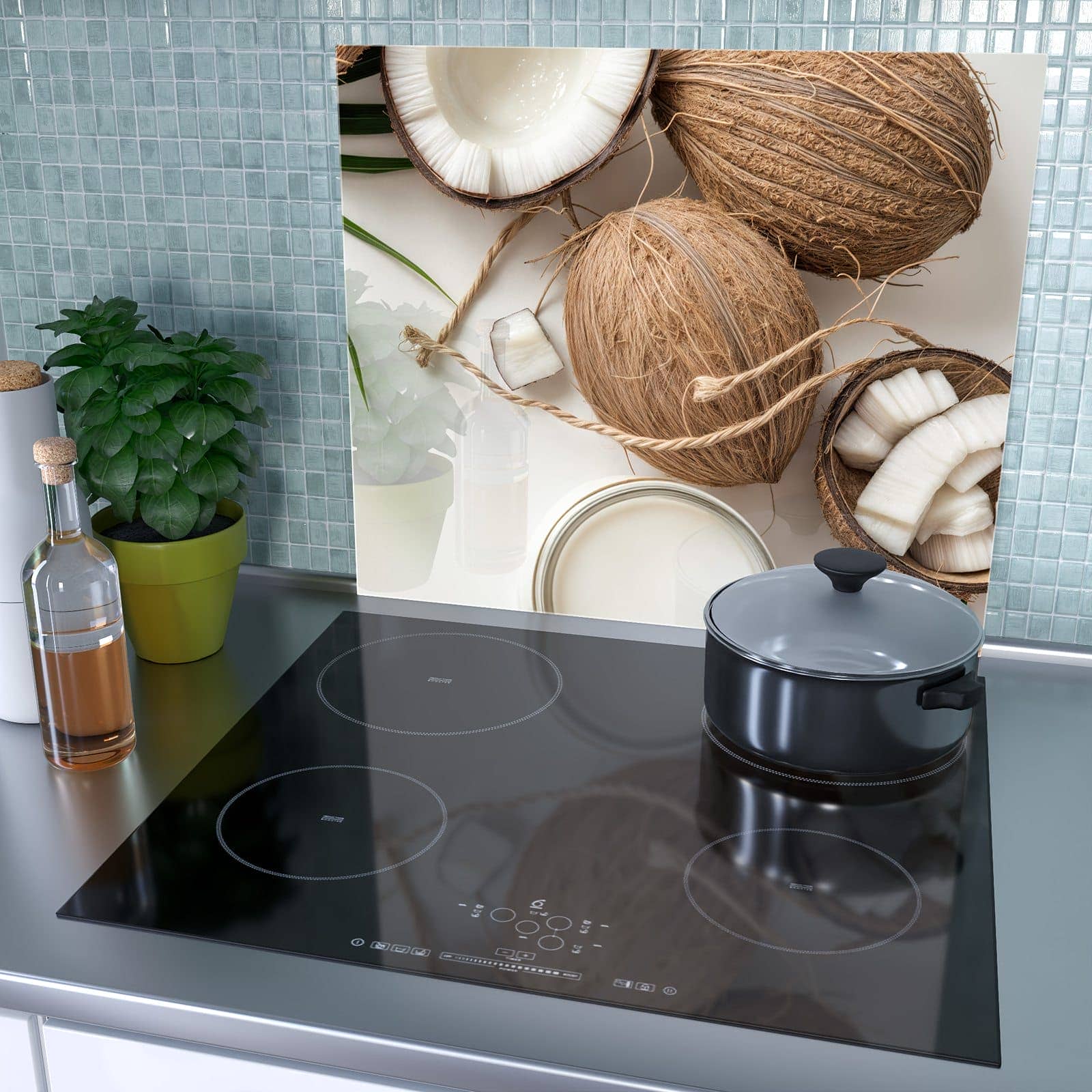 1-teilige Herdabdeckplatten mit Kokosnüsse und Blätter-Motiv als Spritzschutz hinter dem Kochfeld