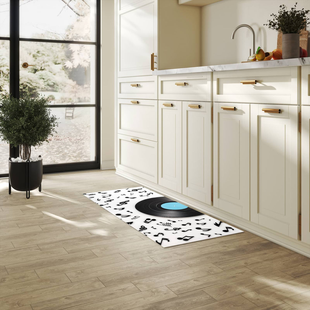 Bodenschonender Bodenläufer-Teppich mit Motiv Schallplatte Musik in heller Küche