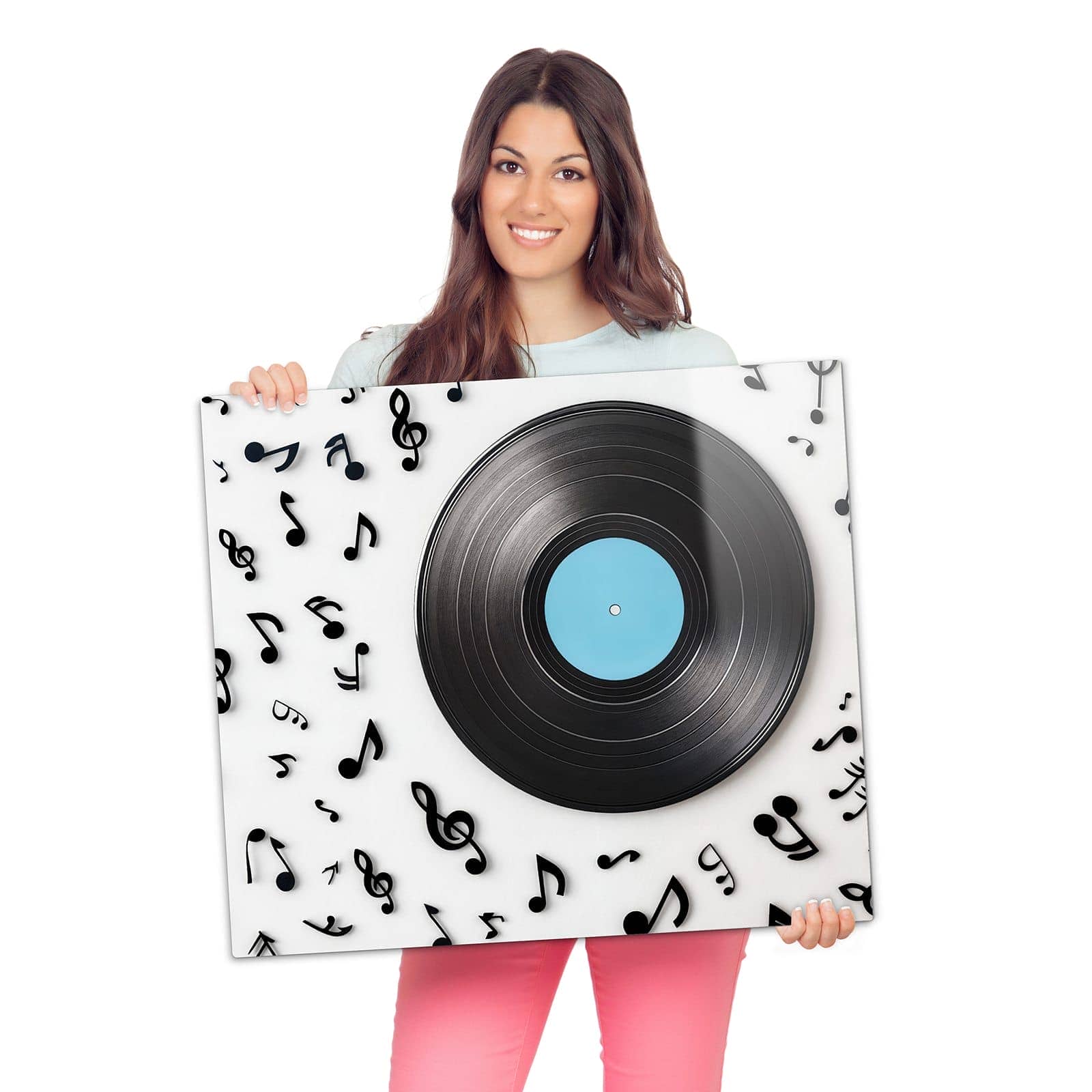 Glasplatte Herd mit Schallplatte Musik-Motiv wird zur Größendarstellung gehalten