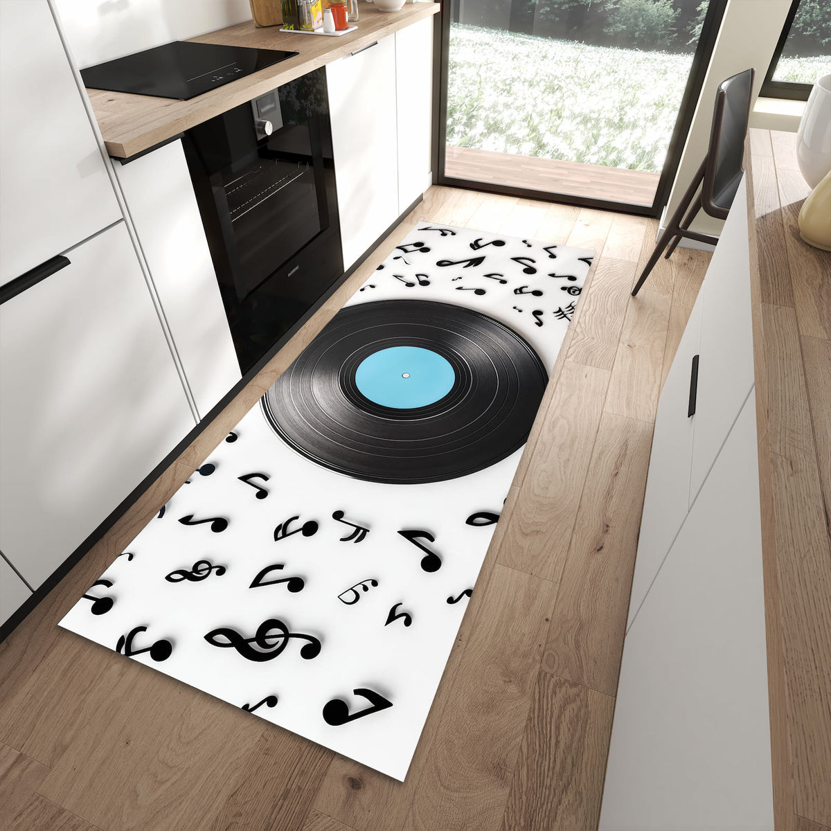 Flacher Küchenteppich mit Motiv Schallplatte Musik in moderner Küche