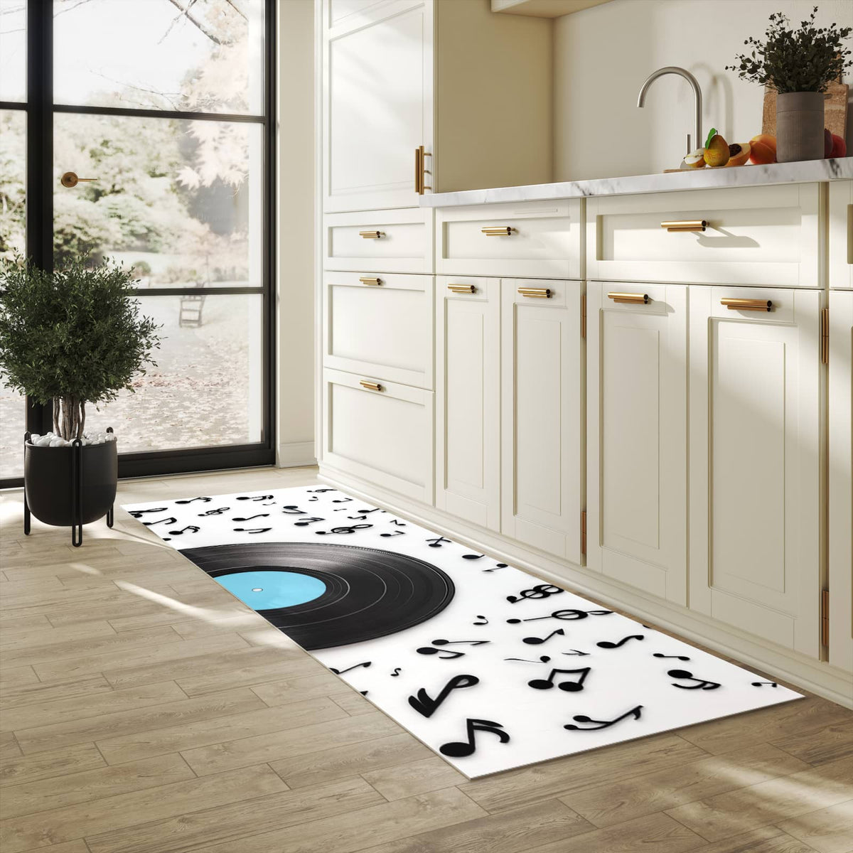 Geräuschdämpfender waschbarer Küchenteppich mit Motiv Schallplatte Musik in heller Küche