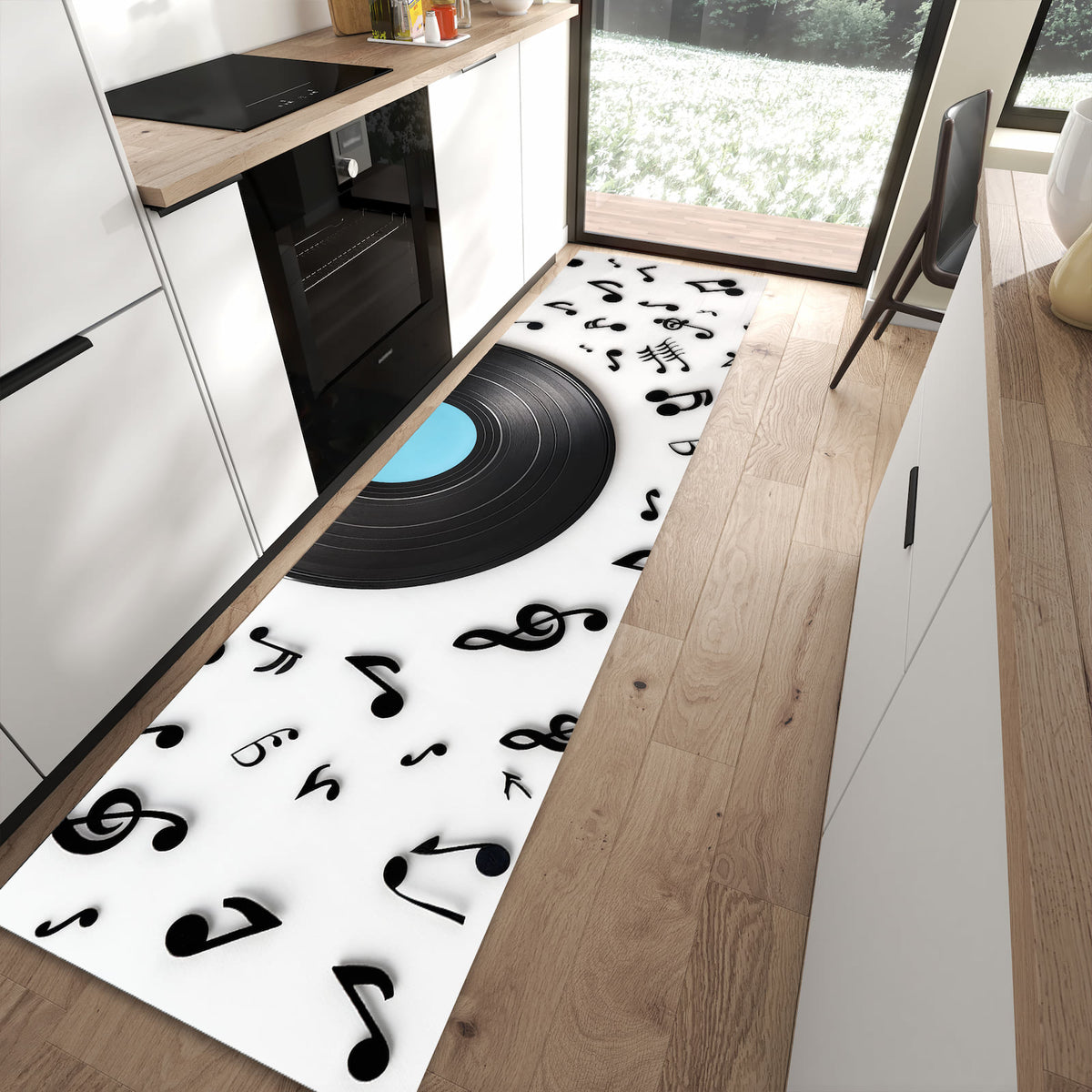 Geruchsneutraler Küchenteppich mit Motiv Schallplatte Musik in moderner Küche