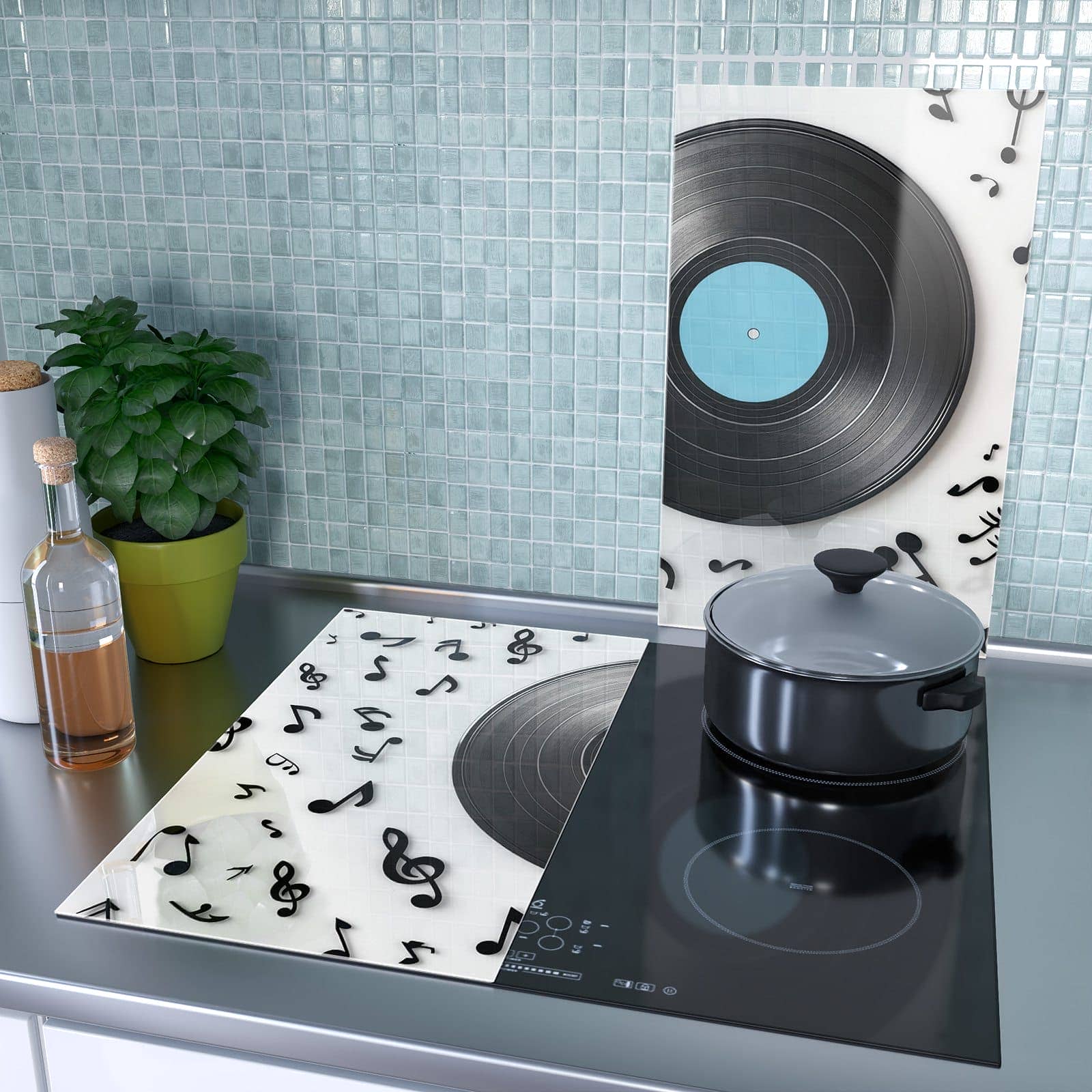 2-teilige Glasabdeckplatte für Ceranfeld mit Schallplatte Musik-Motiv als Spritzschutz hinter dem Kochfeld