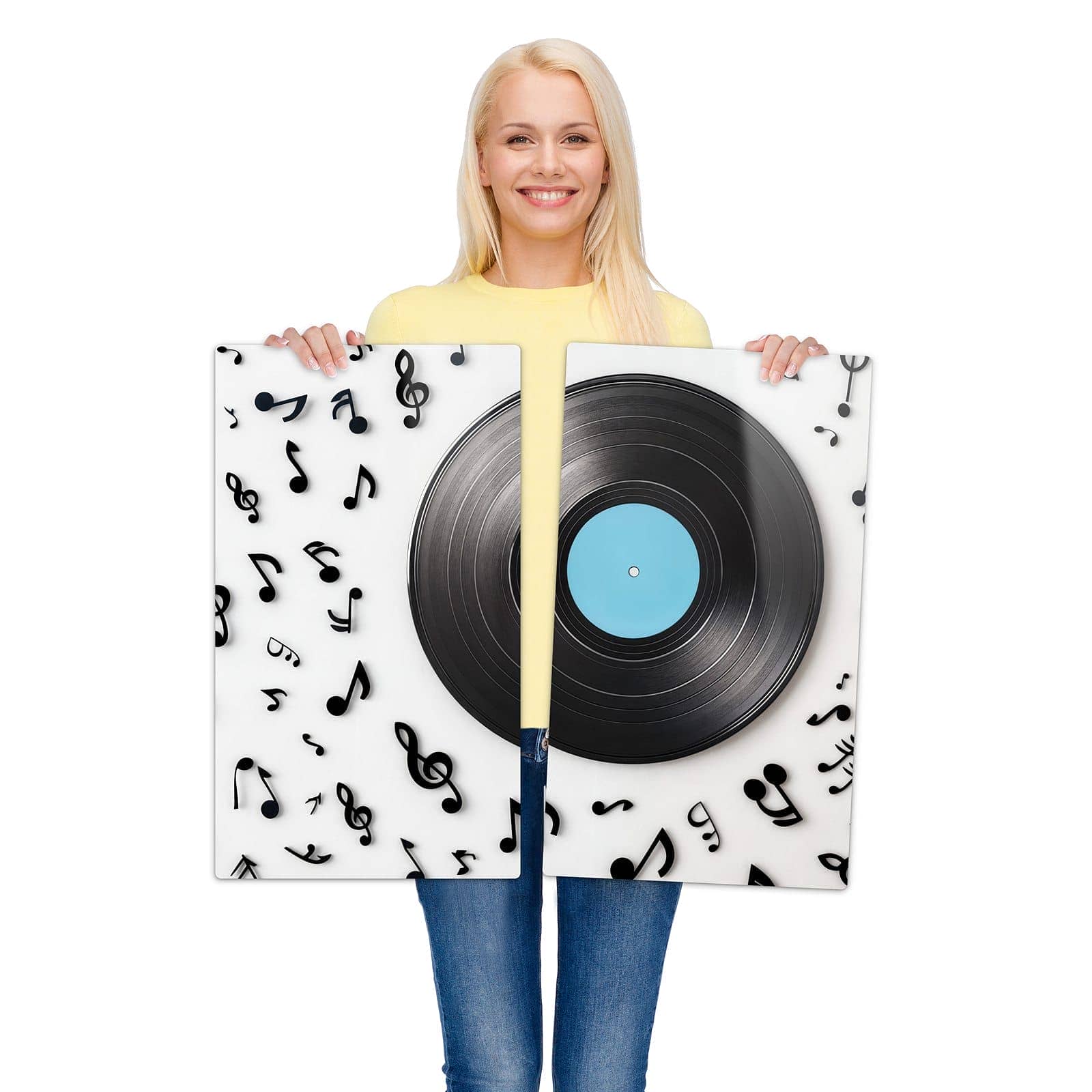 2-teilige Abdeckplatten für Herd mit Schallplatte Musik-Motiv wird zur Größendarstellung gehalten