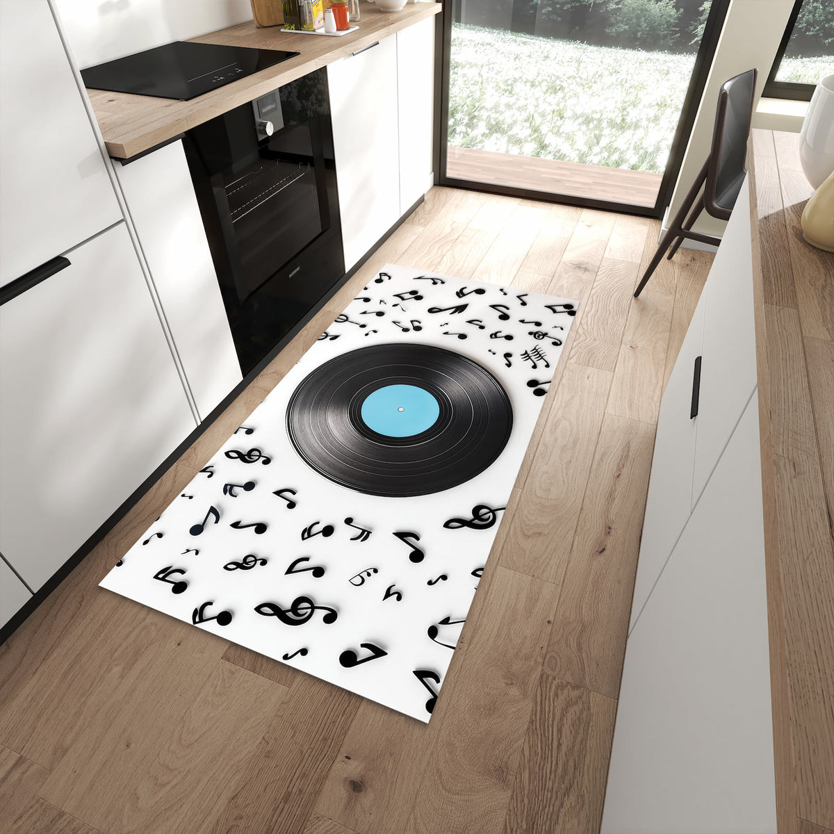 Langlebiger Küchenteppich mit Motiv Schallplatte Musik in moderner Küche
