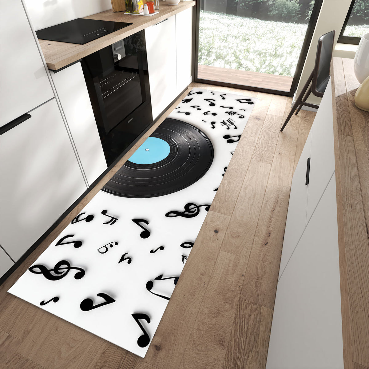 Schmutzabweisender Küchenläufer mit Motiv Schallplatte Musik in moderner Küche