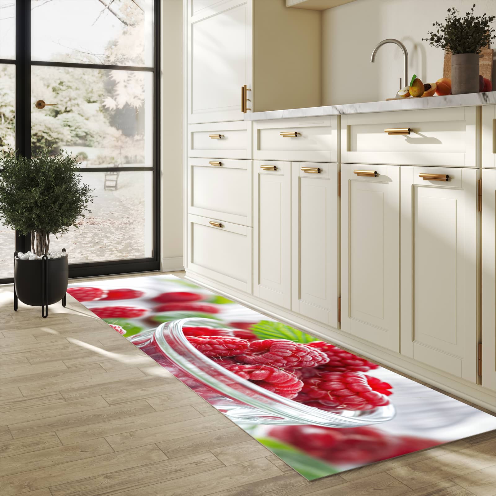 Waschbarer Teppich fürs Esszimmer mit Motiv Frische Himbeeren in heller Küche