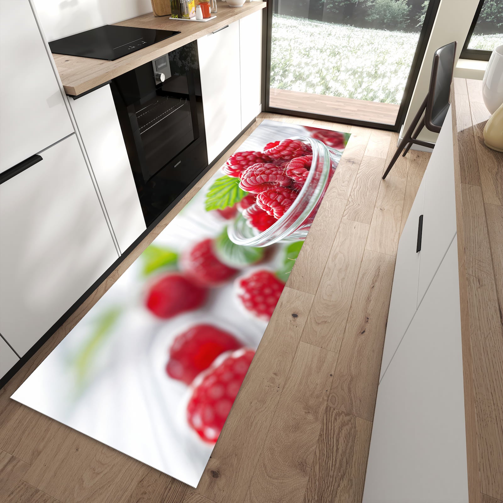 Bodenschonender Küchenläufer mit Motiv Frische Himbeeren in moderner Küche