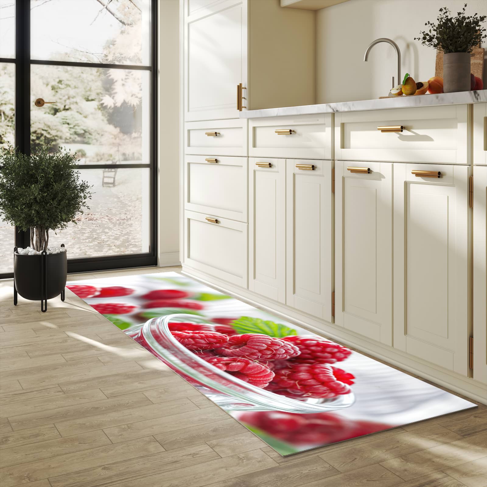 Strapazierfähiger dünner Küchenteppich mit Motiv Frische Himbeeren in heller Küche