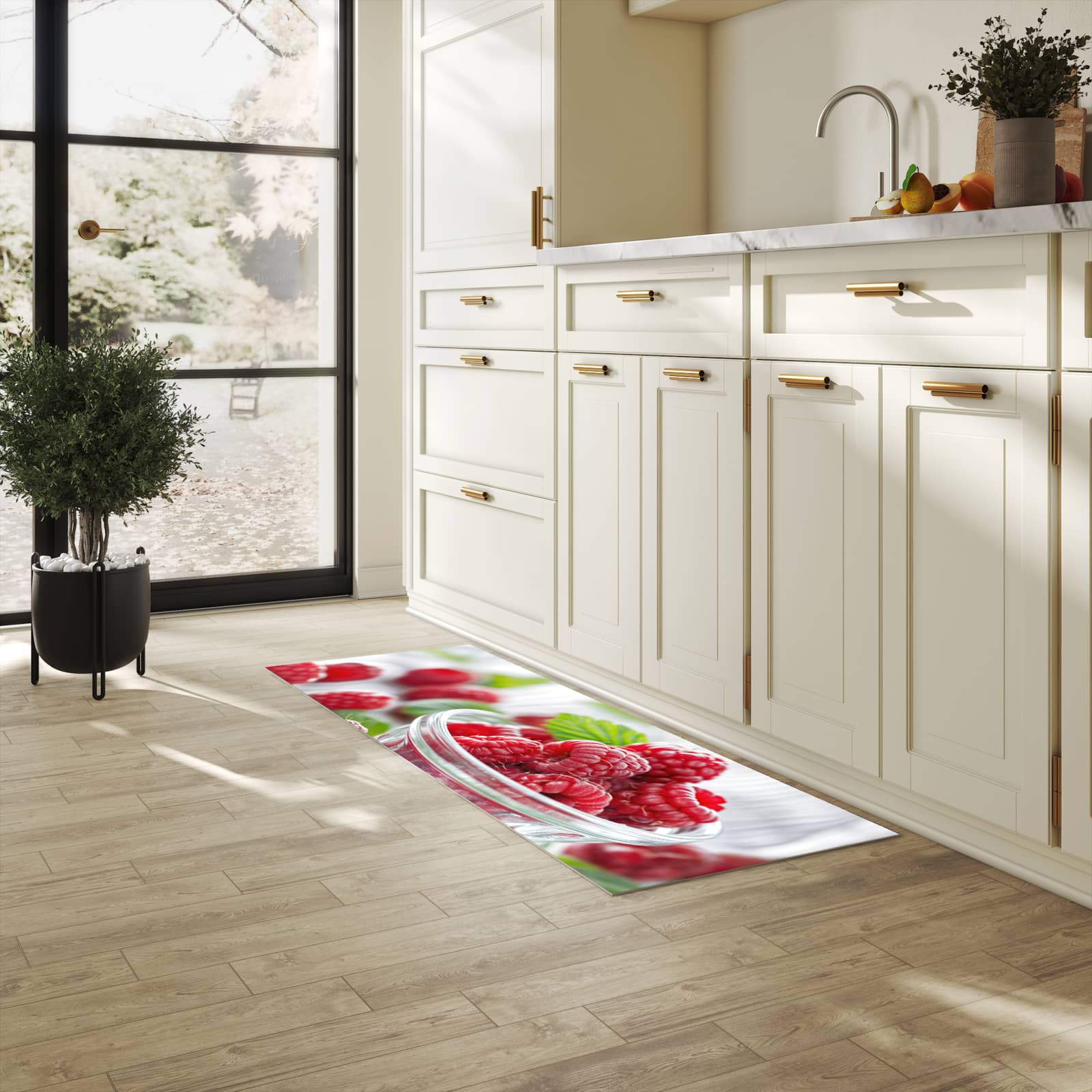 Flacher waschbarer Läufer für die Küche mit Motiv Frische Himbeeren in heller Küche