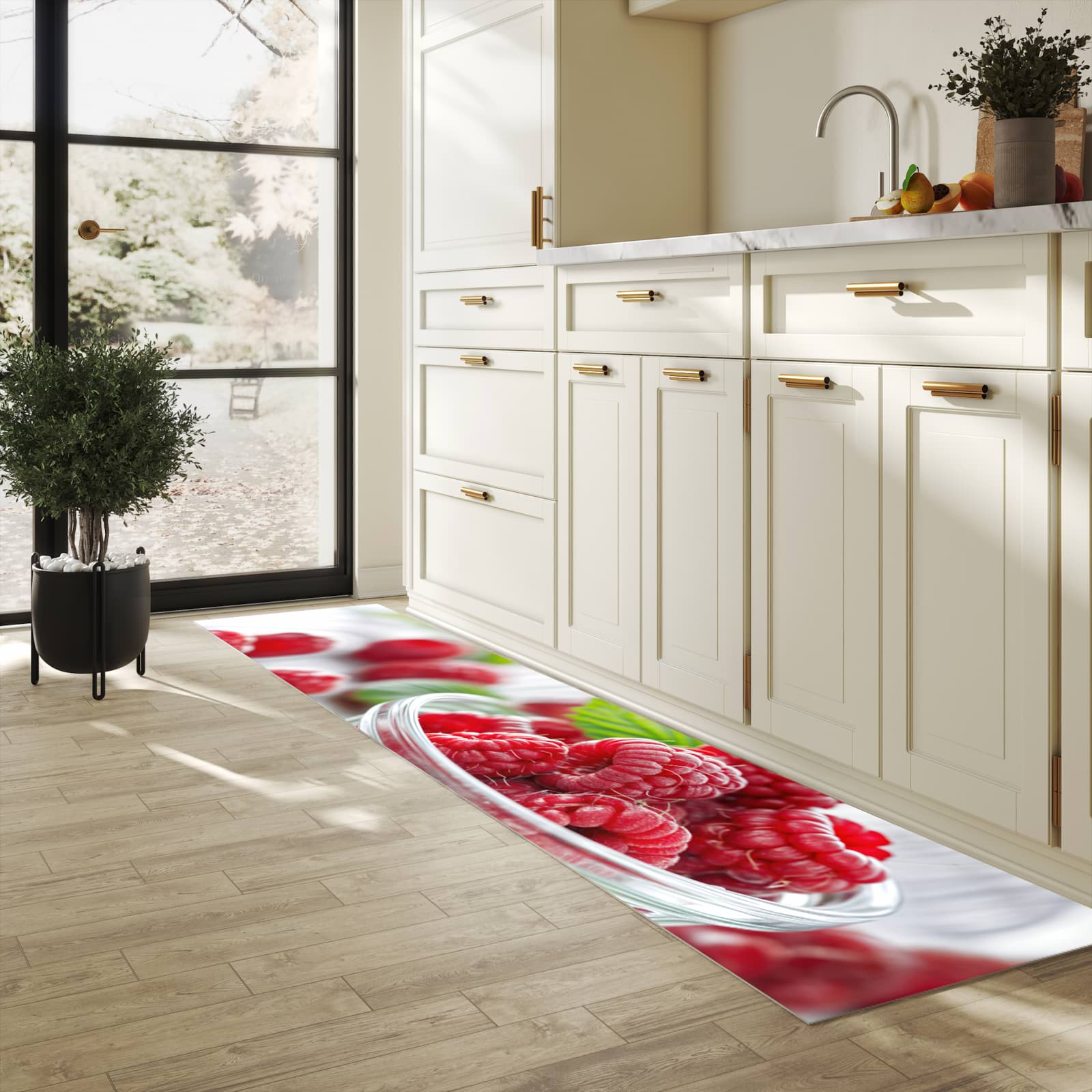 Rutschfester Läufer mit Motiv Frische Himbeeren für Eingangsbereich in heller Küche