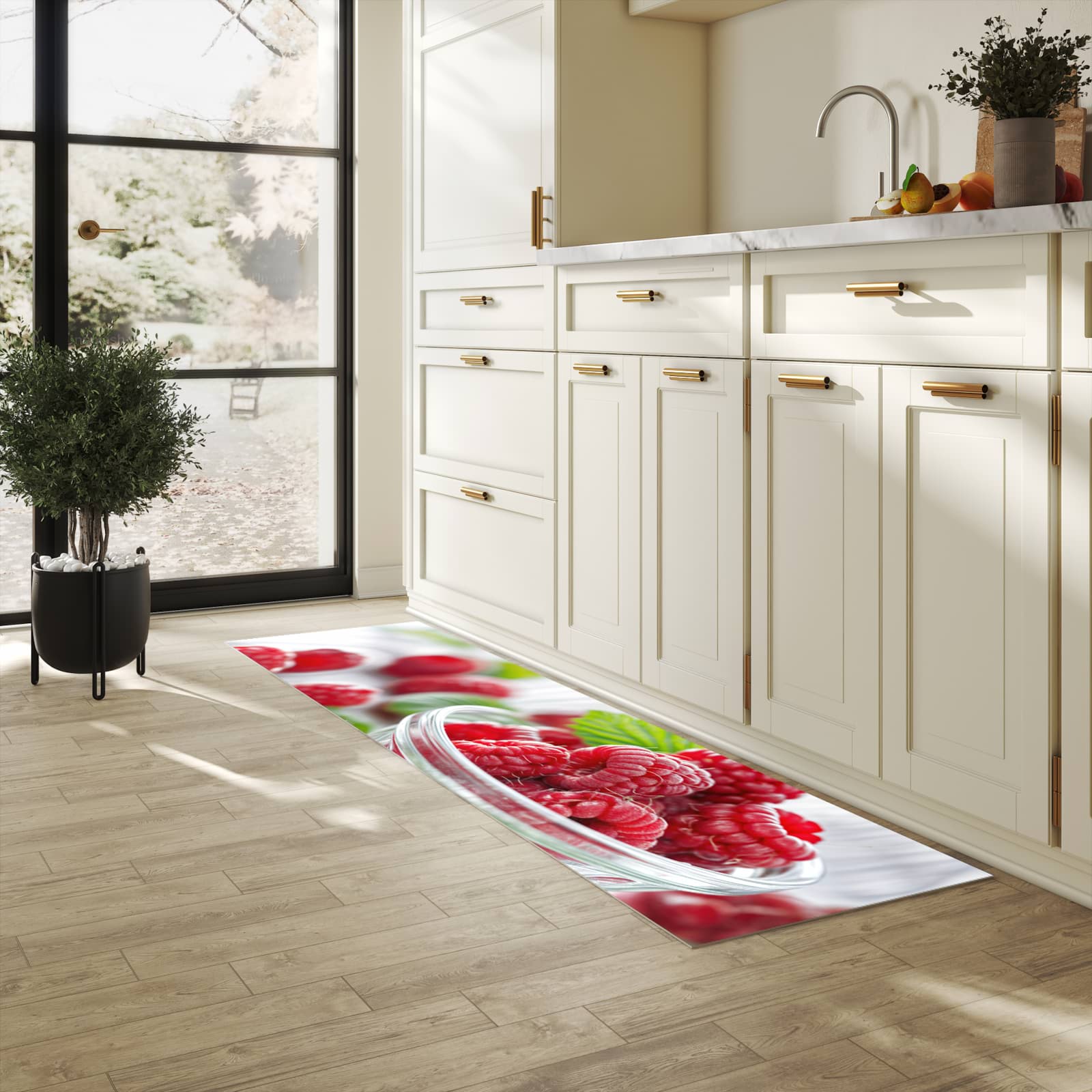Pflegeleichter waschbarer Küchenläufer mit Motiv Frische Himbeeren in heller Küche
