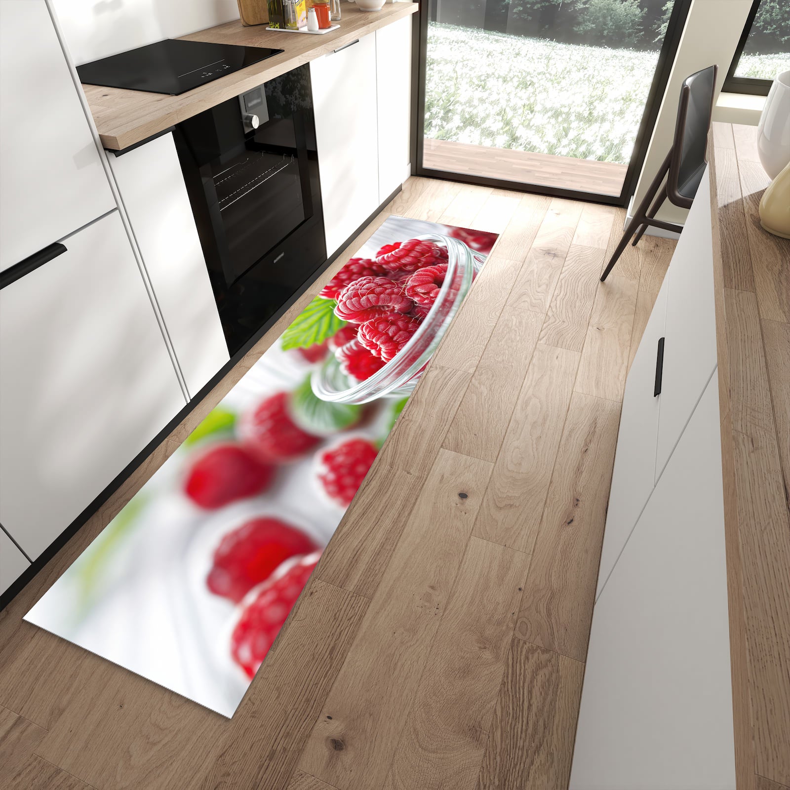 Hygienischer Küchenteppich mit Motiv Frische Himbeeren in moderner Küche - leicht waschbar