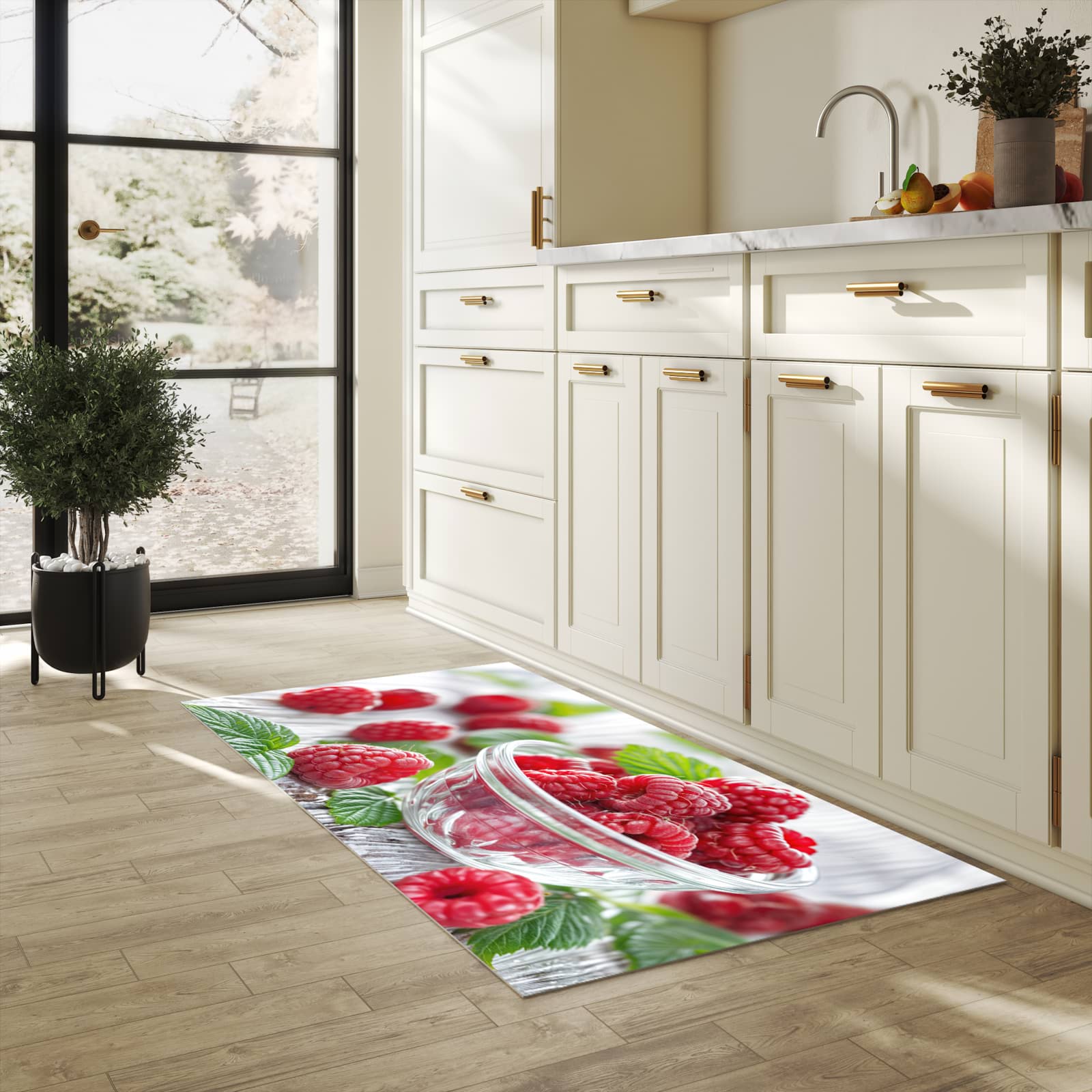 Langlebiger Teppich für Esstisch mit Motiv Frische Himbeeren in heller Küche, waschbar