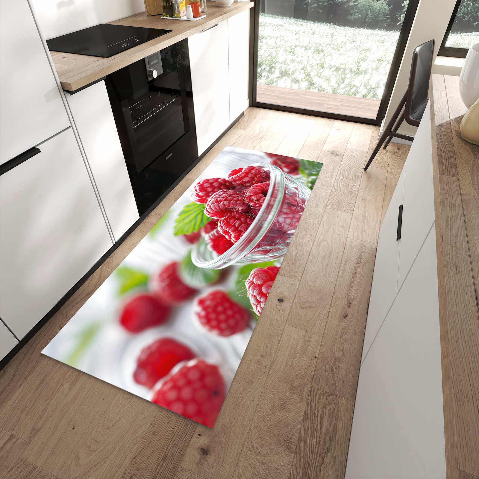 Rutschfester Küchenteppich mit Motiv Frische Himbeeren in moderner Küche