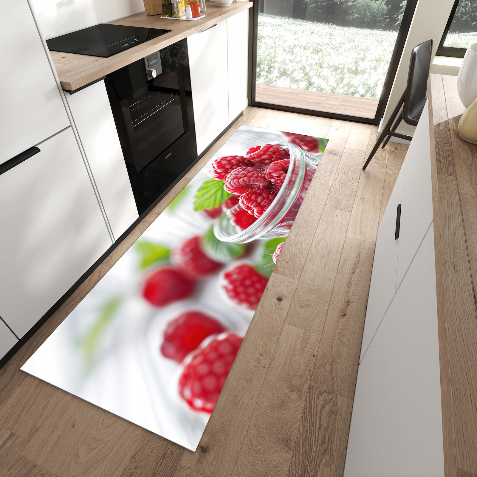 Feuchtigkeitsresistenter Küchenläufer mit Motiv Frische Himbeeren in moderner Küche
