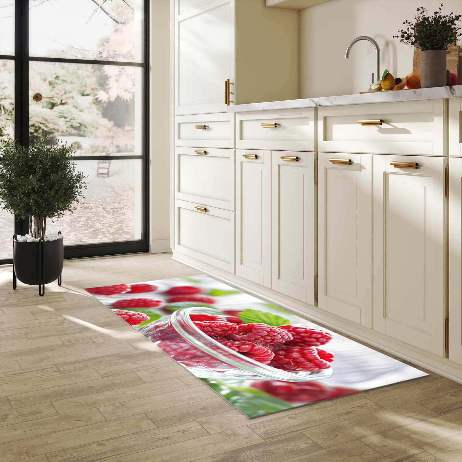 Dünner Küchenteppich mit Motiv Frische Himbeeren in heller Küche für angenehme Haptik