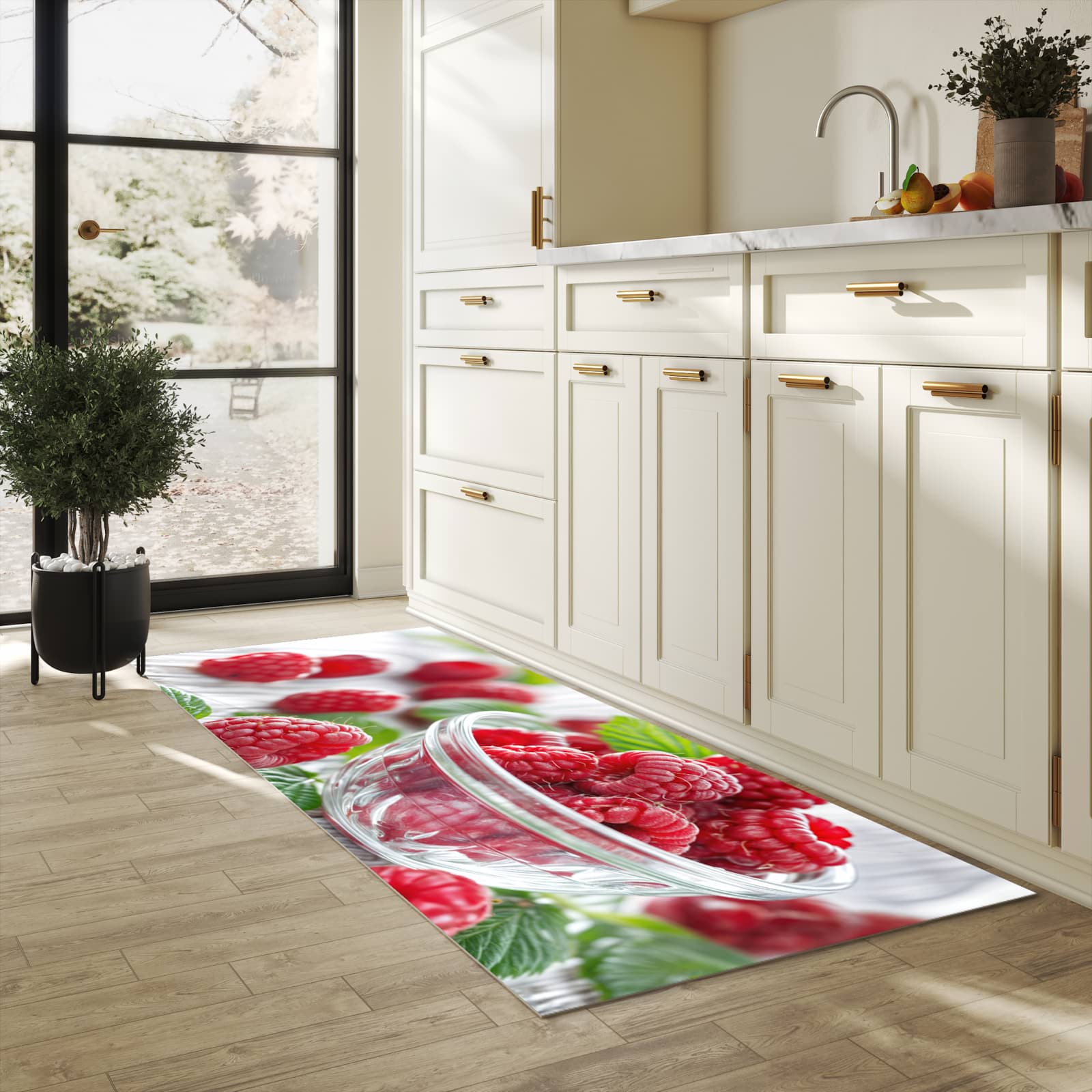 Rutschfester Küchenteppich mit Motiv Frische Himbeeren in heller Küche