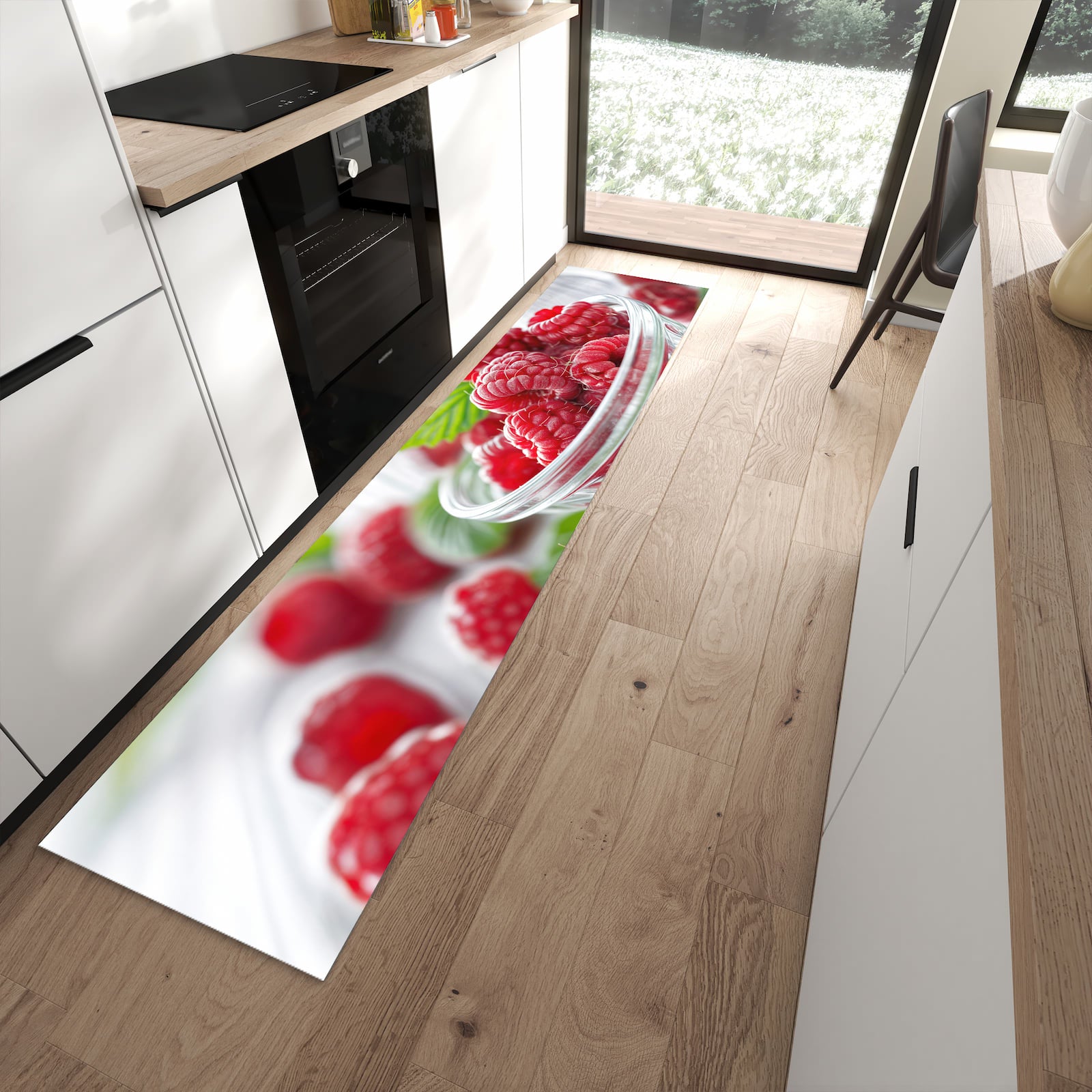 Strapazierfähiger waschbarer Küchenteppich mit Motiv Frische Himbeeren in moderner Küche