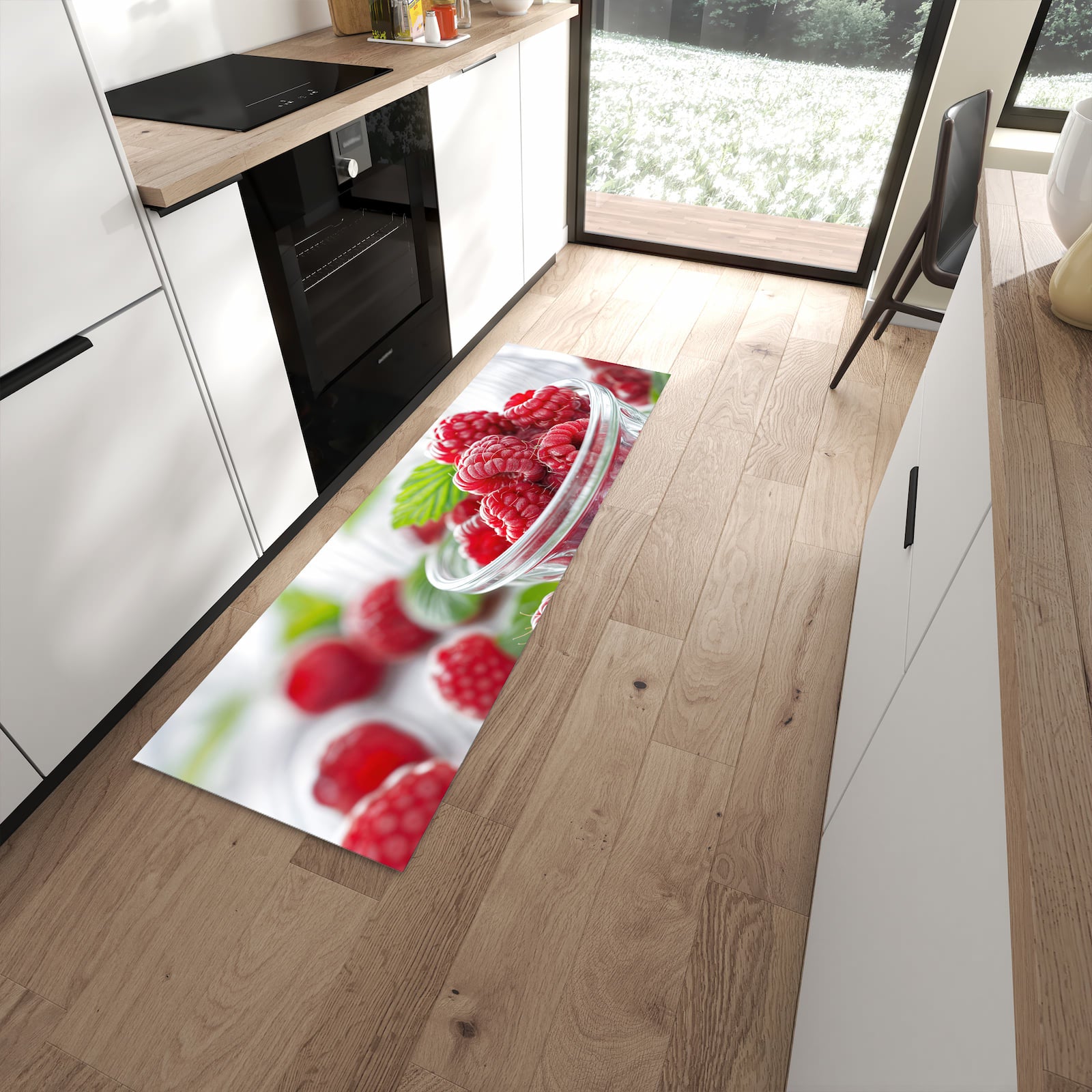 Küchenteppich mit Motiv Frische Himbeeren für angenehme Haptik in moderner Küche