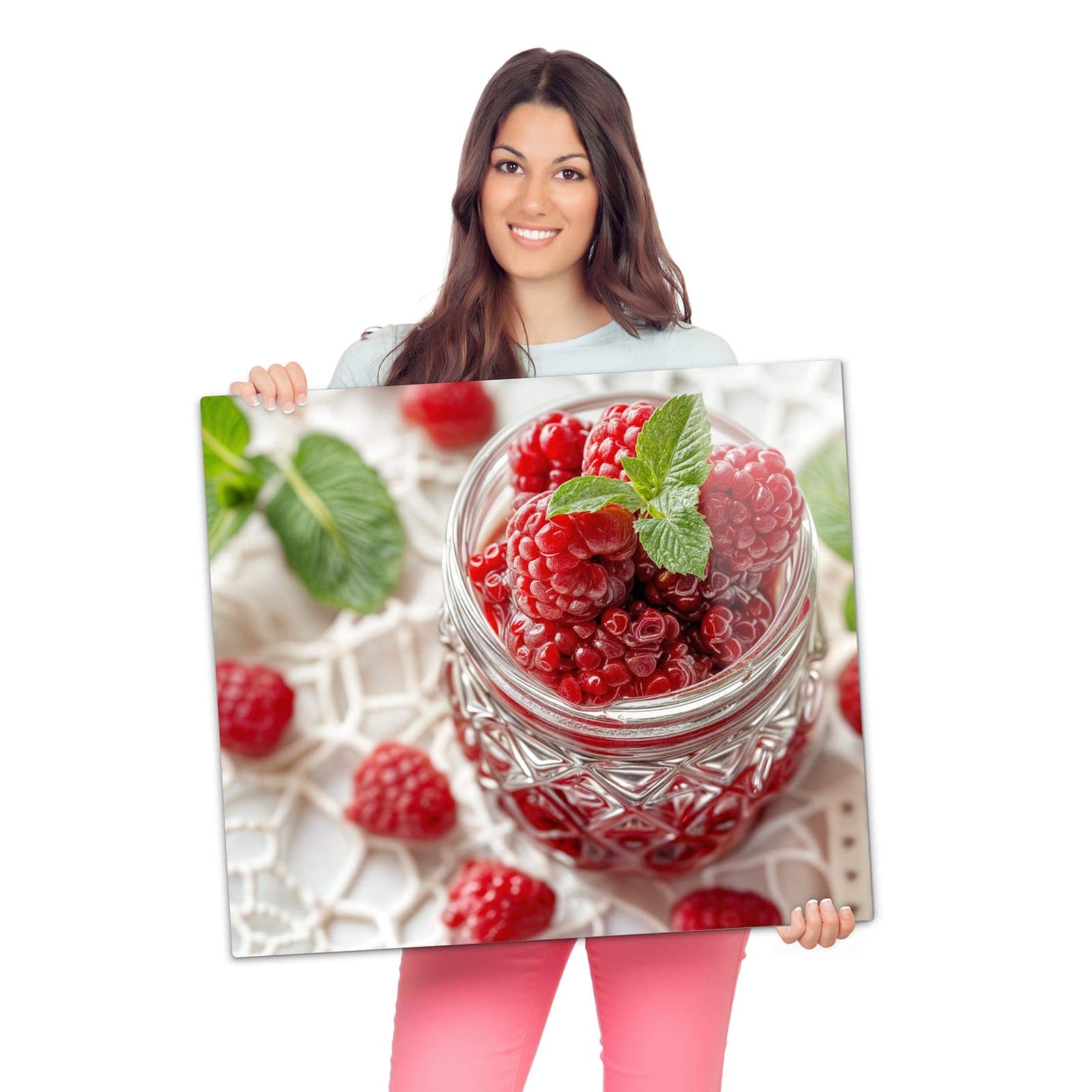 1-teilige Herdplattenabdeckung mit Glas mit Himbeeren-Motiv wird zur Größendarstellung gehalten