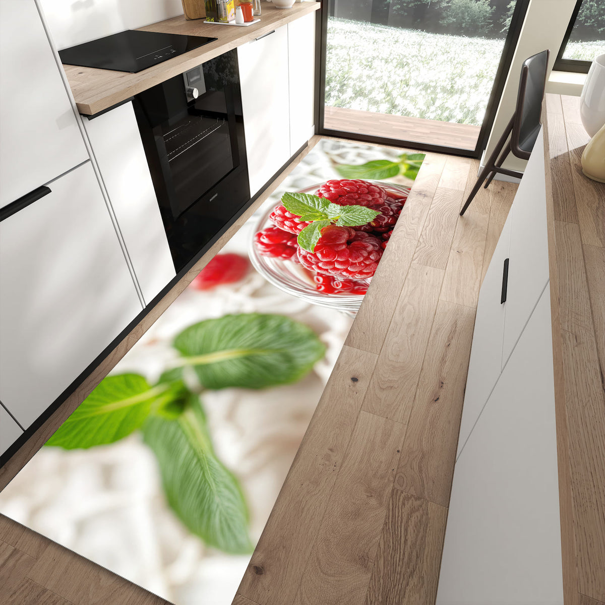 Flacher Bodenläufer mit Motiv Himbeerglas in moderner Küche