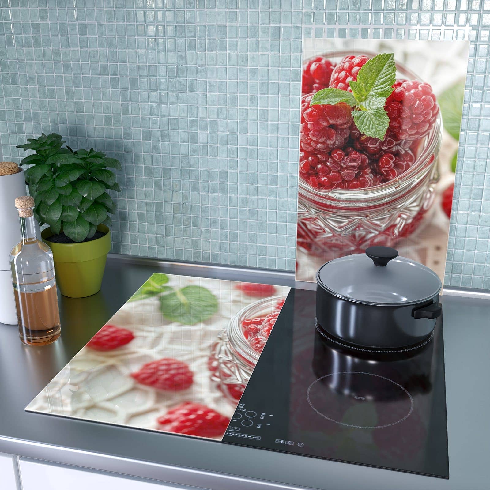 2-teilige Abdeckplatten für Herd mit Glas mit Himbeeren-Motiv als Spritzschutz hinter dem Kochfeld