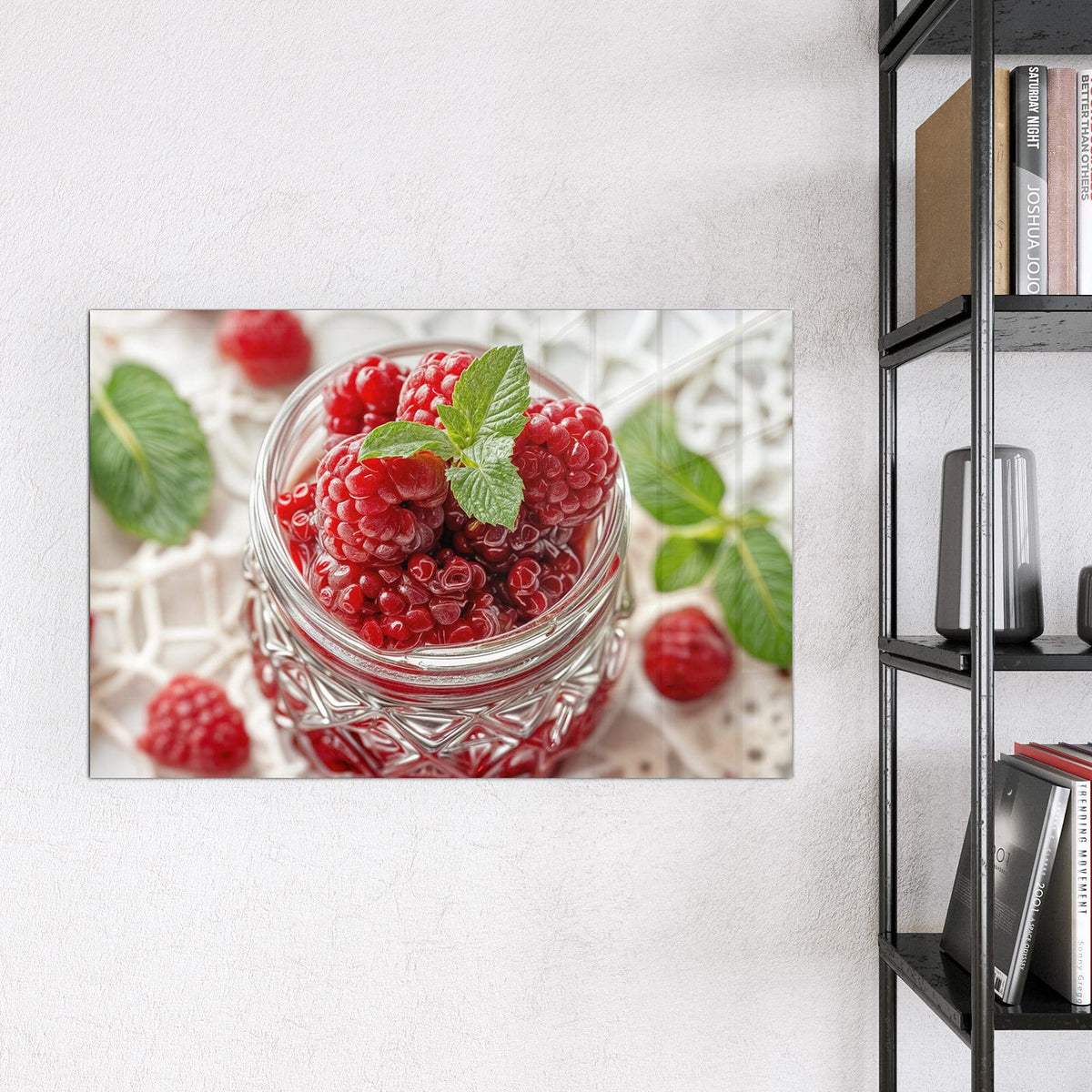 Magnettafel - Glas mit Himbeeren – Prall gefülltes Himbeerglas mit Minze