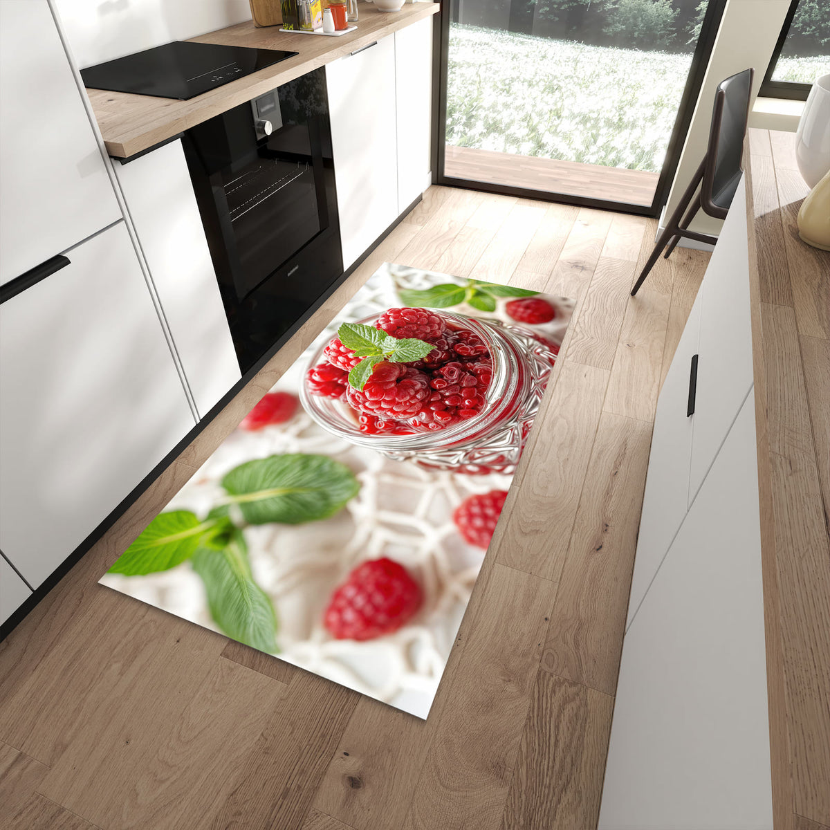 Pflegeleichter Küchenteppich mit Motiv Himbeerglas in moderner Küche