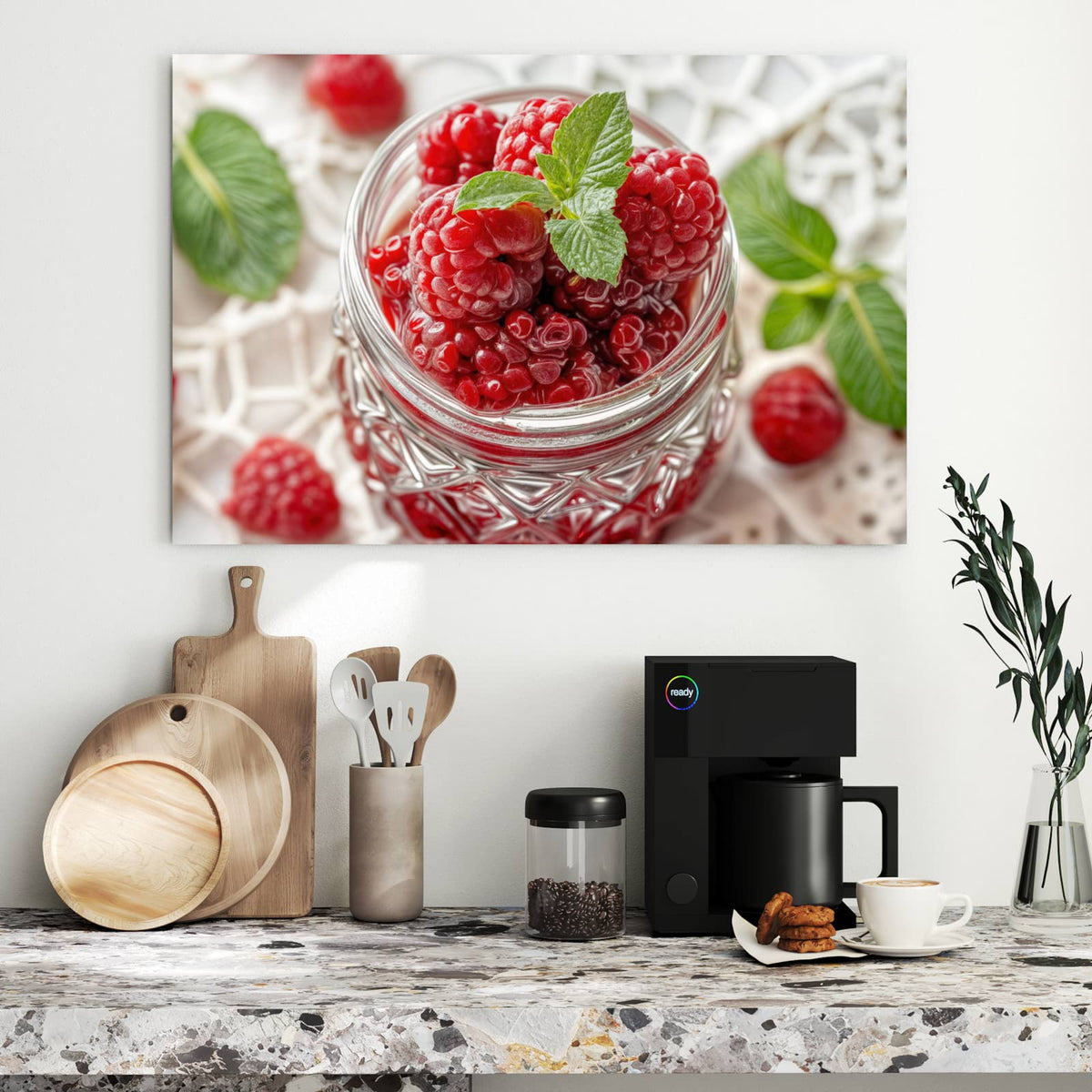 Metall Magnettafel - Glas mit Himbeeren – Prall gefülltes Himbeerglas mit Minze