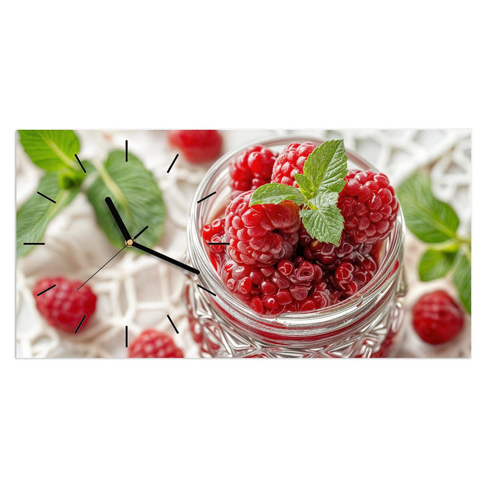 Wanduhr Glas mit Himbeeren aus Glas – Querformat 60 × 30 cm mit Ziffernblatt Linie
