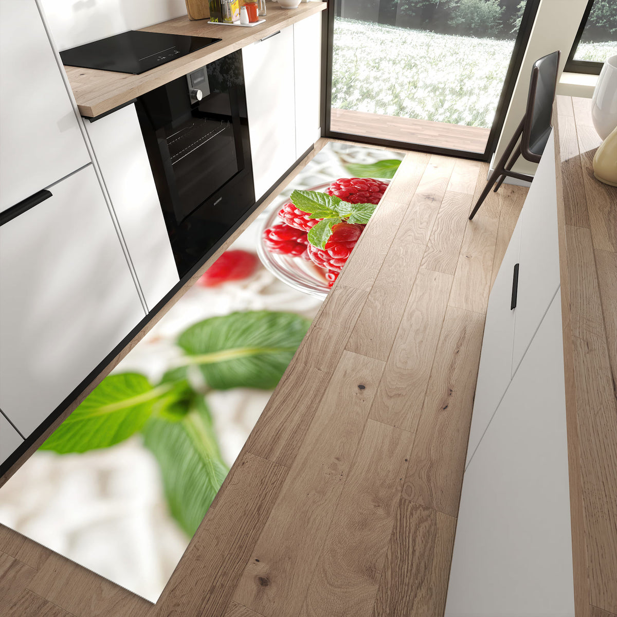 Waschbarer dünner Küchenteppich mit Motiv Himbeerglas in moderner Küche