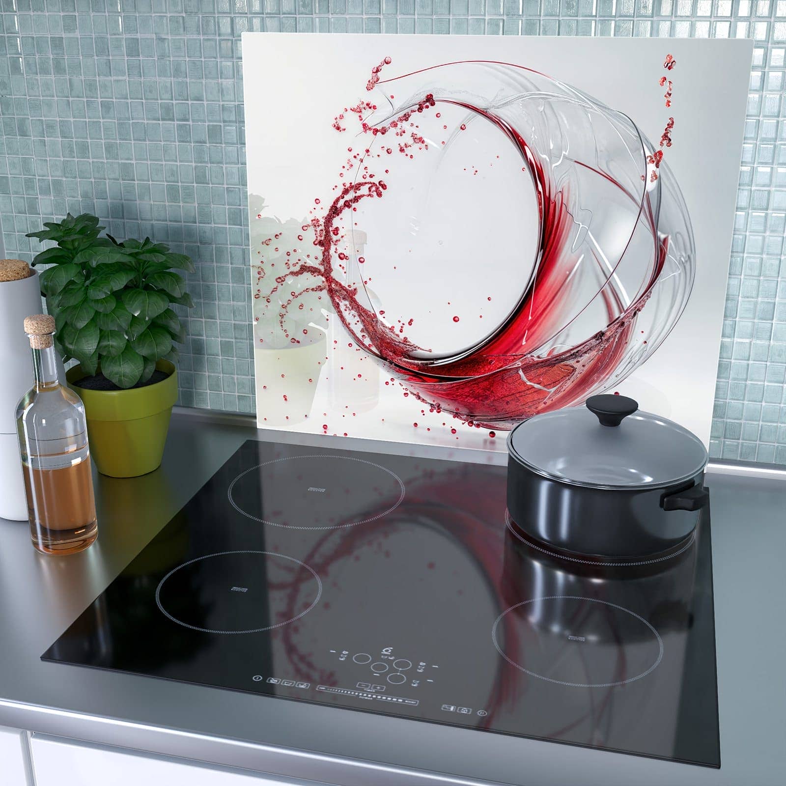 1-teilige Herdabdeckplatte mit Rotwein Spritzer-Motiv als Spritzschutz hinter dem Kochfeld
