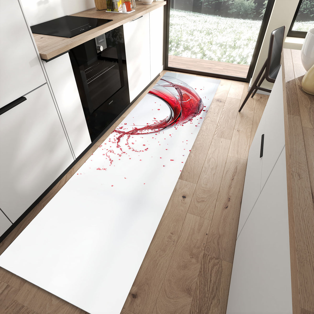 Farbbeständiger Teppichläufer mit Motiv Rotwein Spritzer in moderner Küche